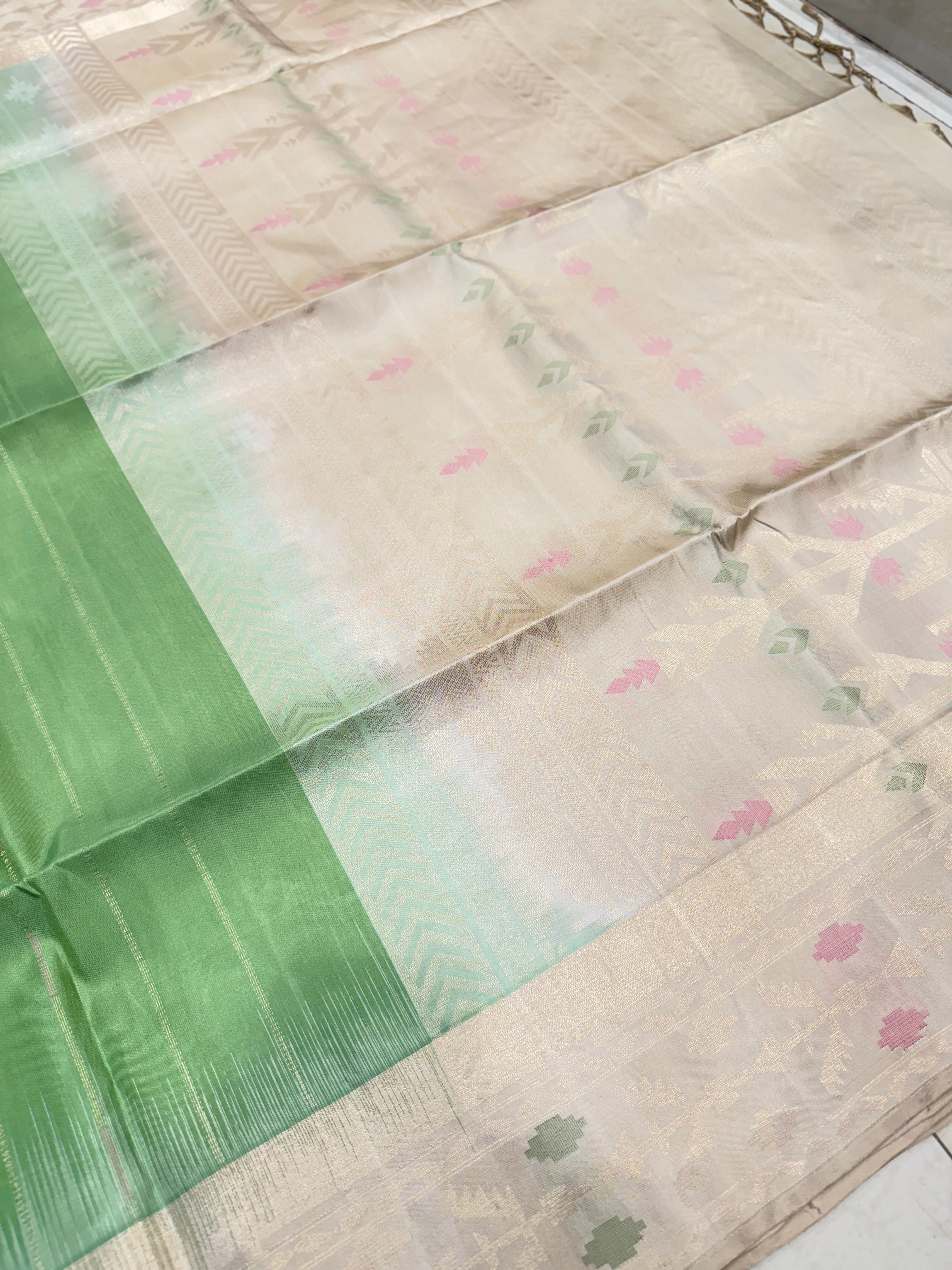 Pista Green Beige Contemporary Handloom Kanchipuram Pure Silk Saree