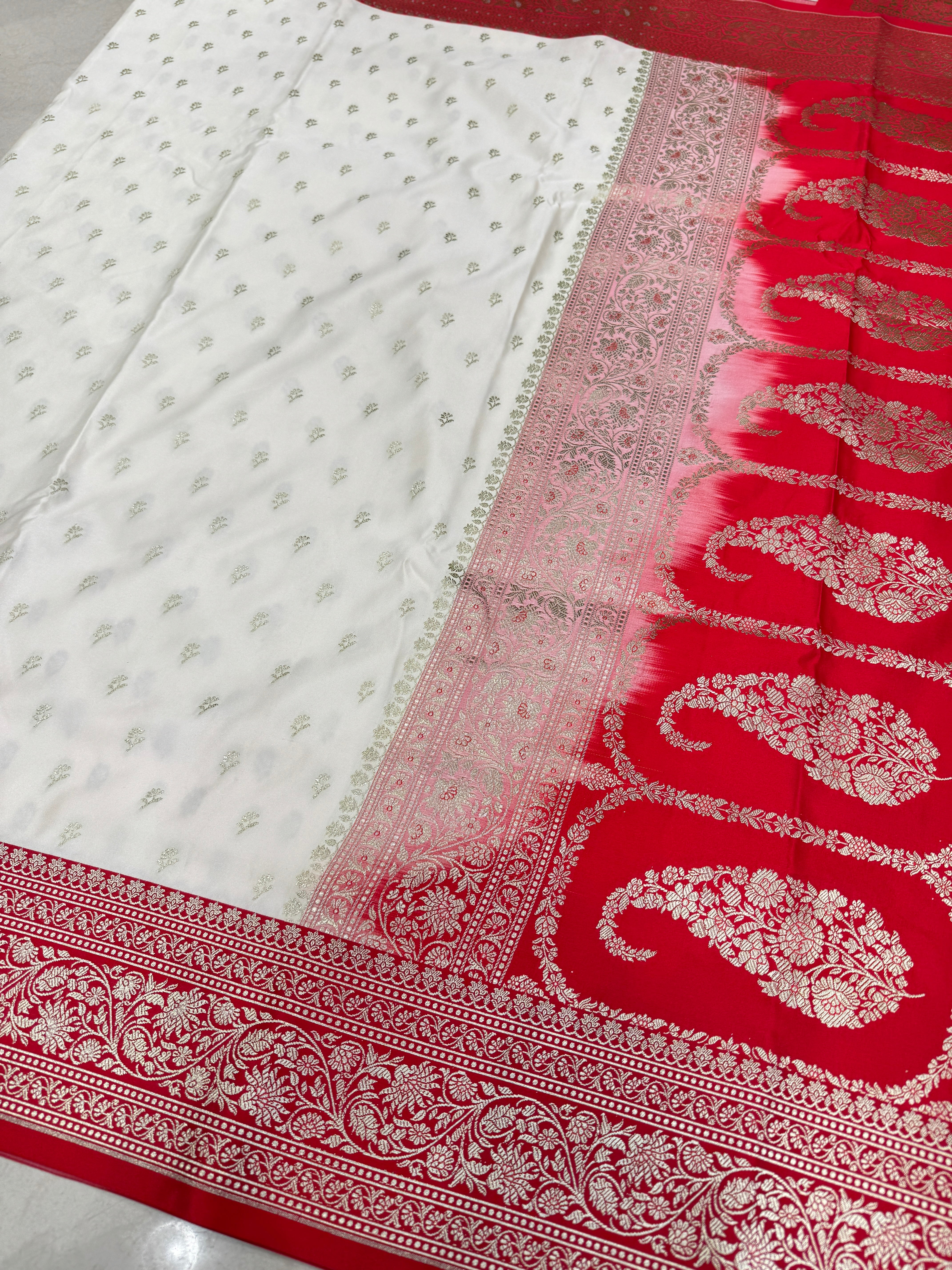 Moti White Red Pallu Banarasi Buttis Saree