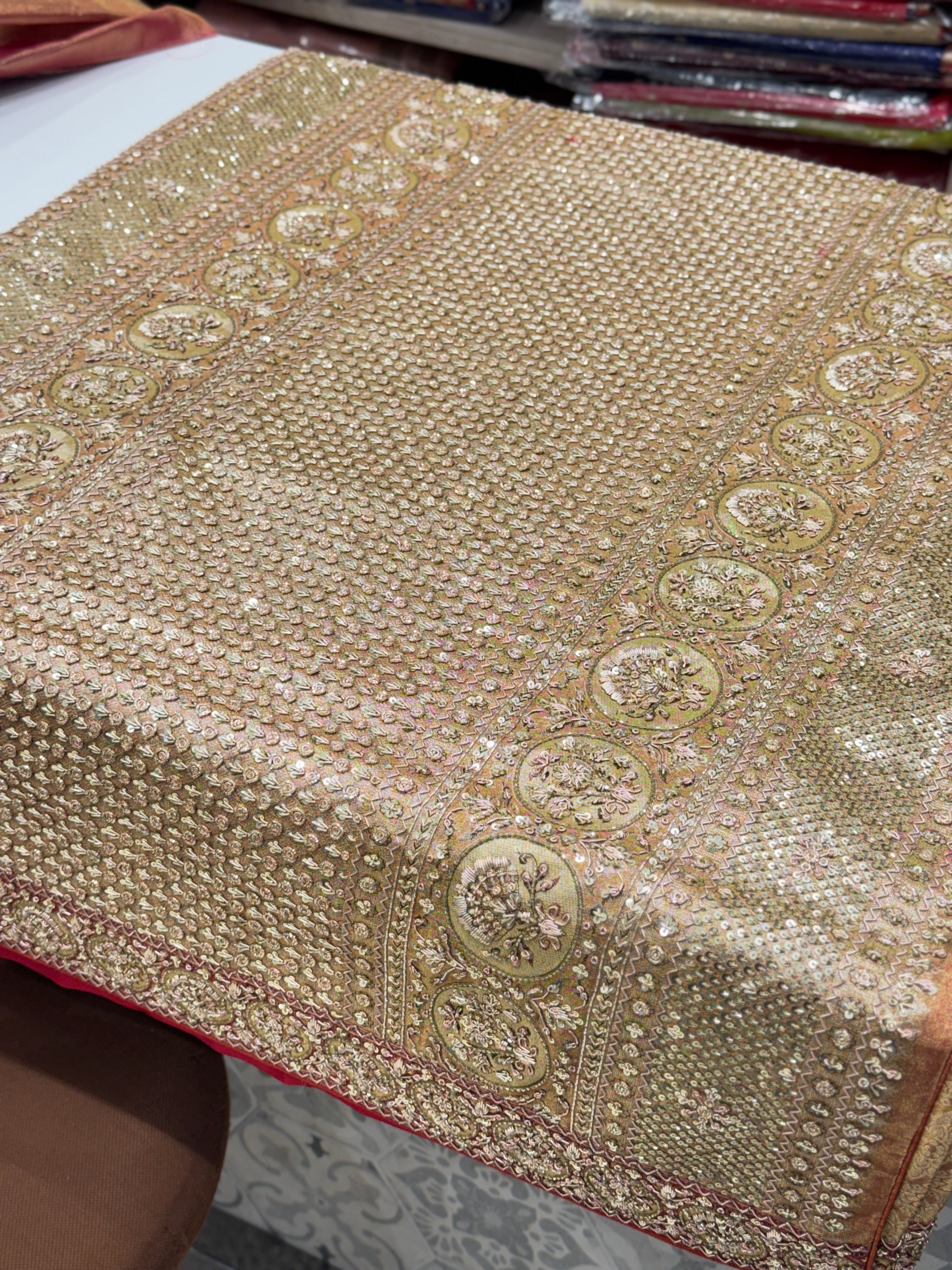 Golden Red Dhup Chav Kanjivaram Small Border Hand Embroidery Zardosi Saree