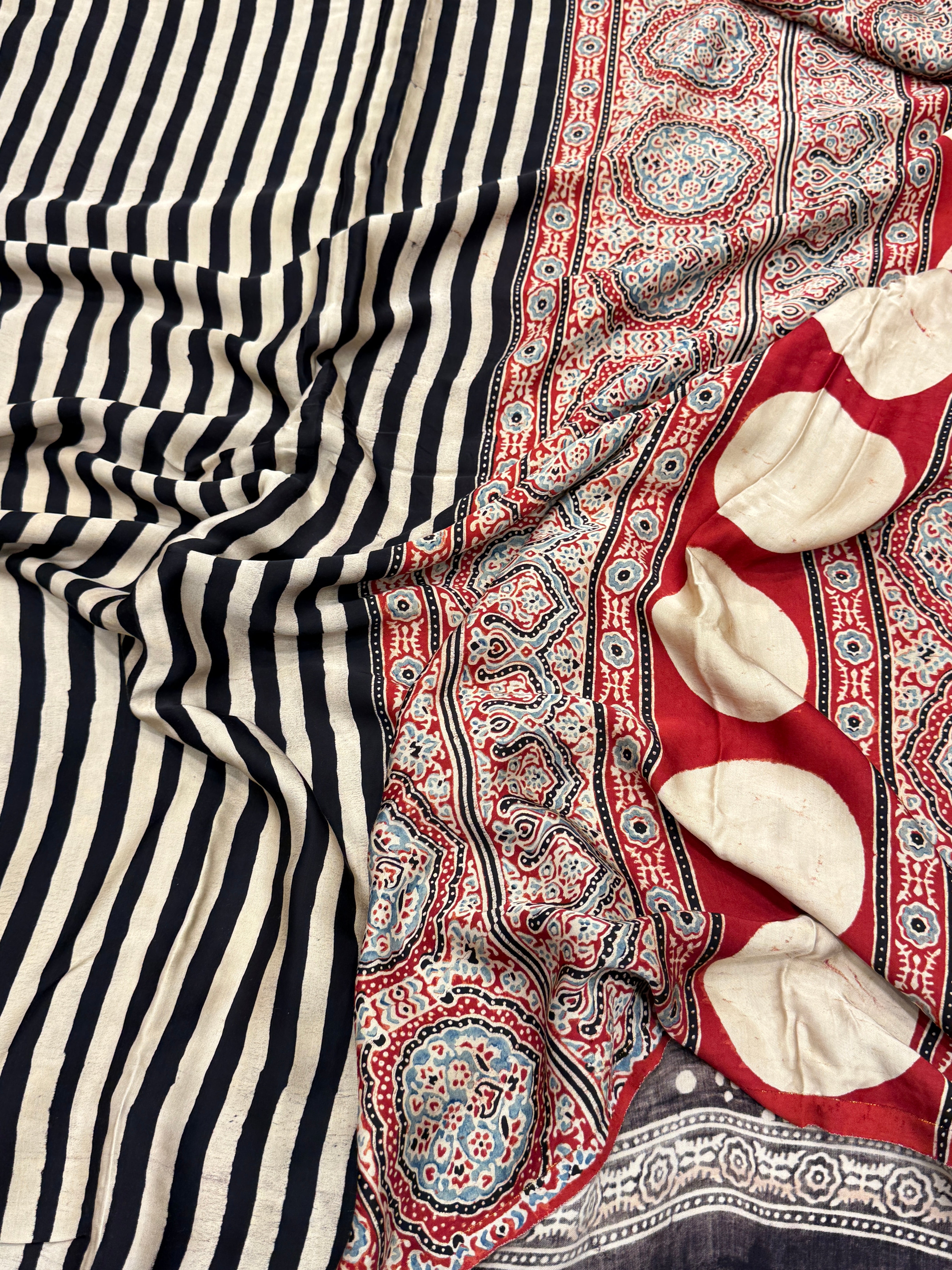 Black White Lines Contemporary Ajrakh Saree