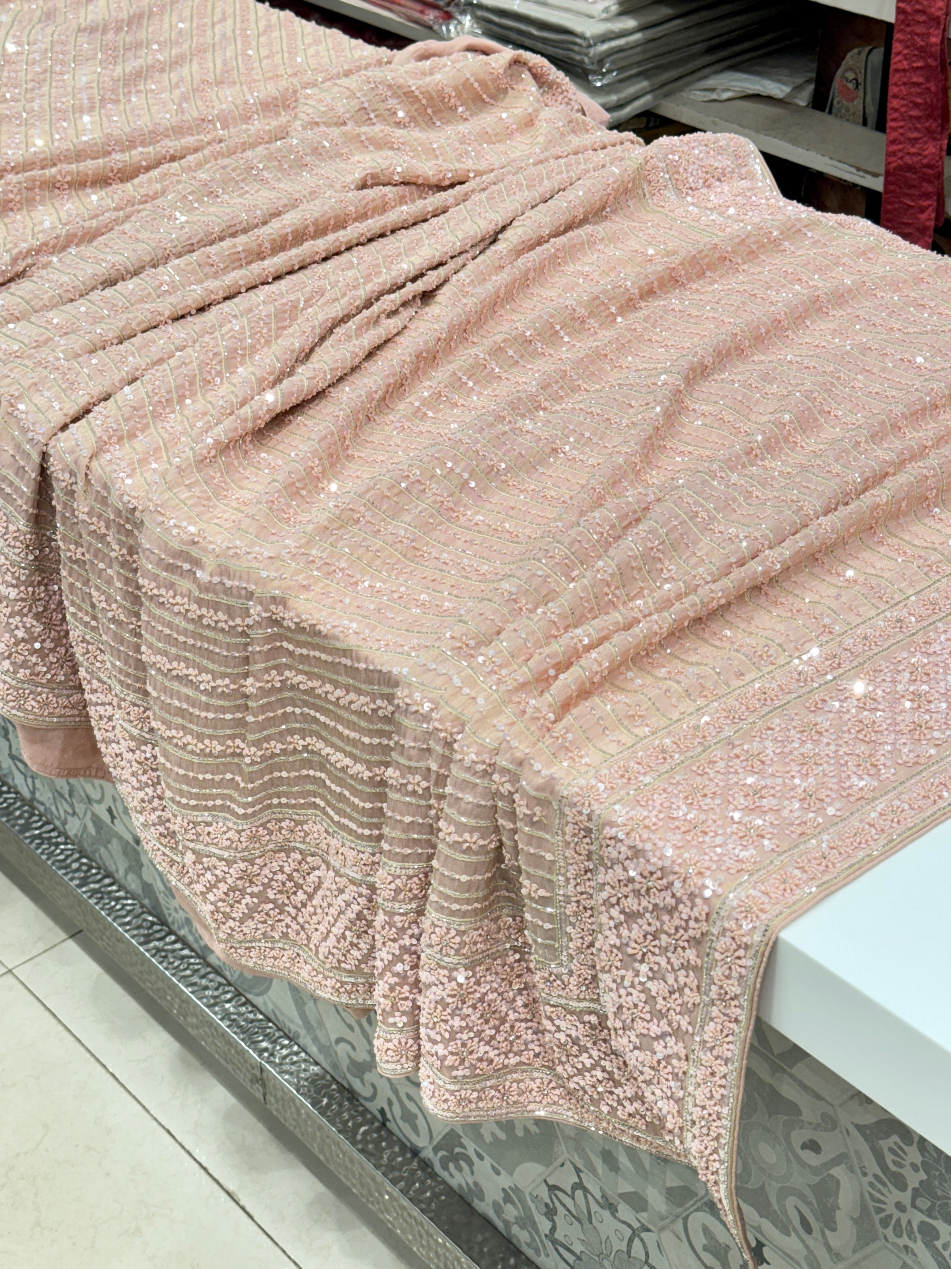 Pink Crepe Tissue Sequin Curdana Hand Embroidery Saree
