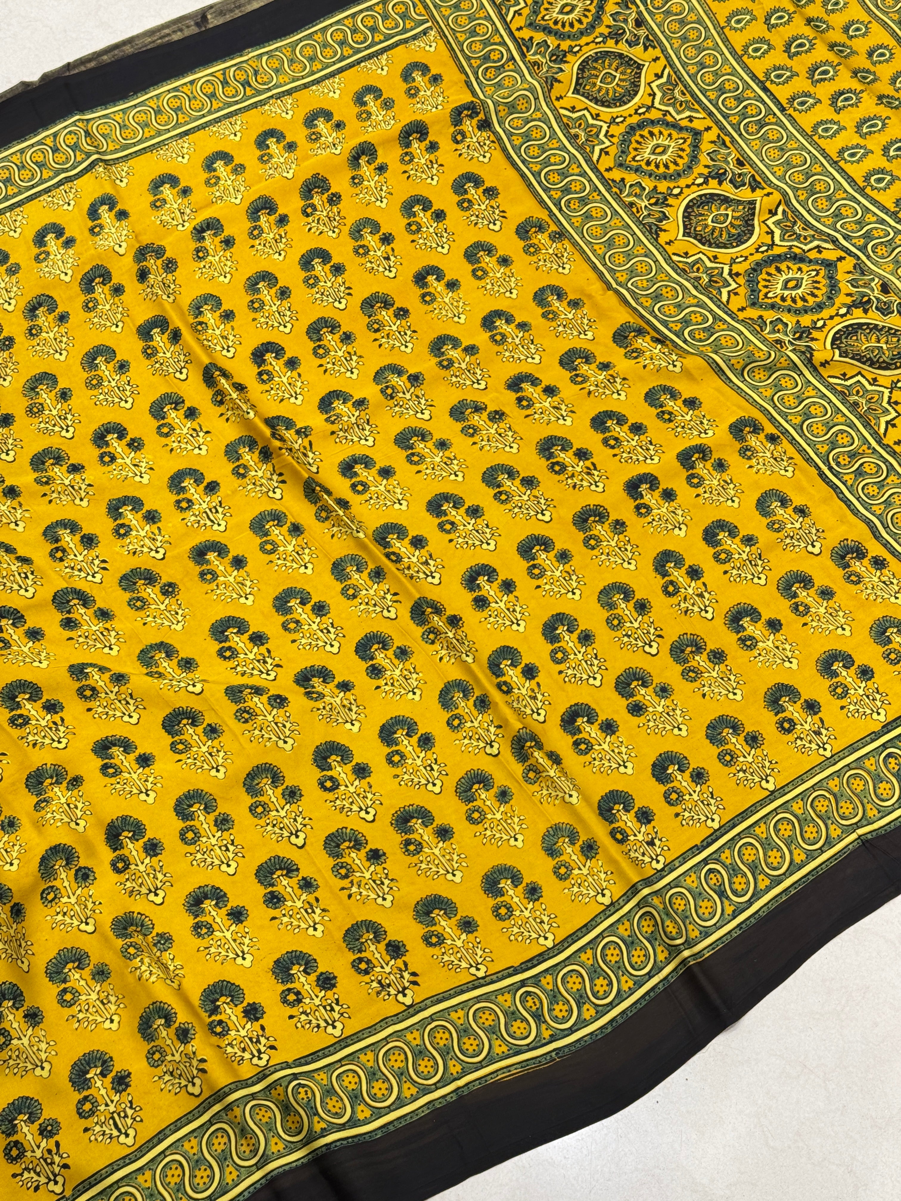 Yellow Floral Buttas Ajrakh Saree Modal Gajji Silk Hand Block Print