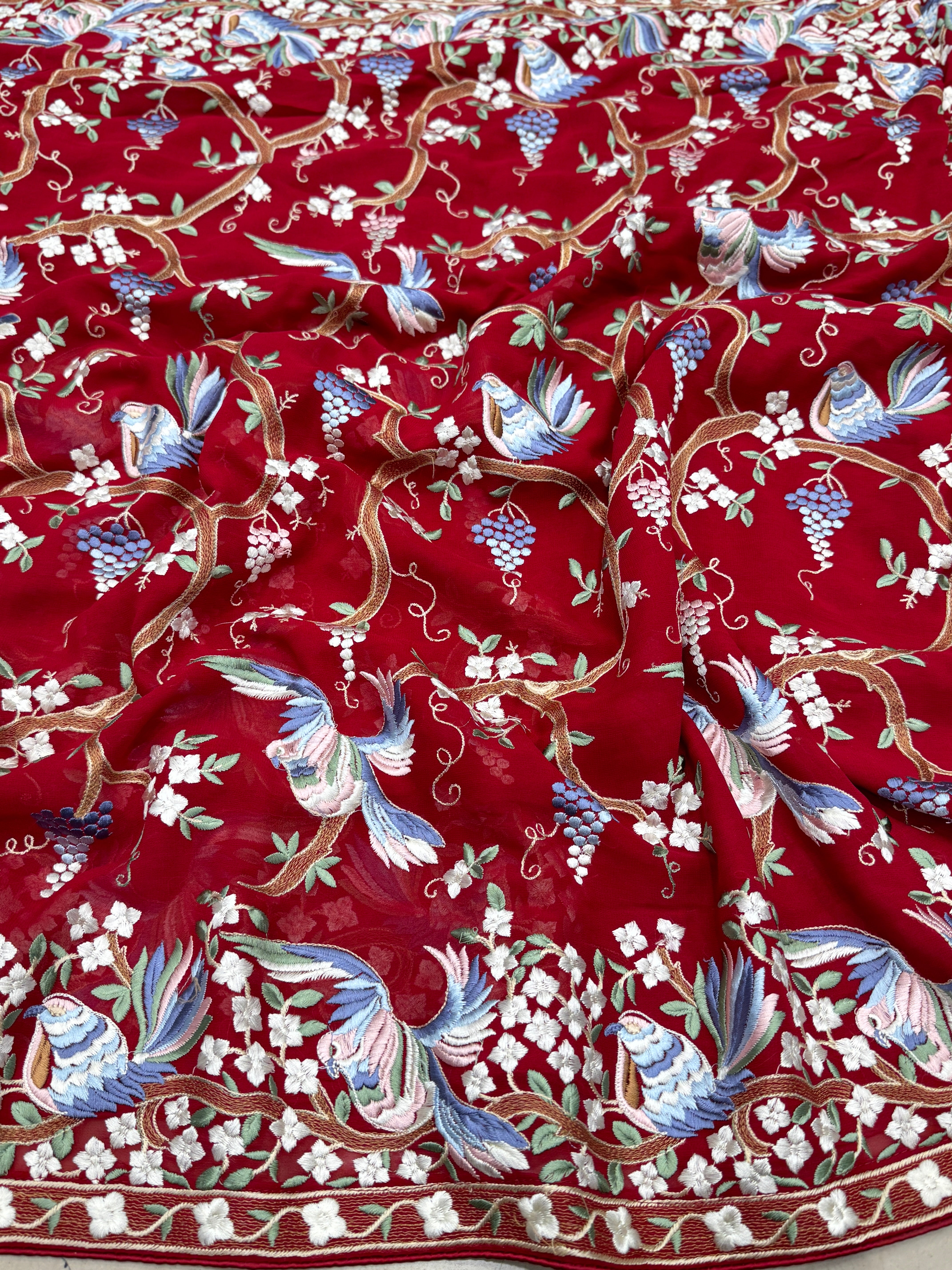 Red Georgette Parsi Gara Saree Chakla Chakli Design