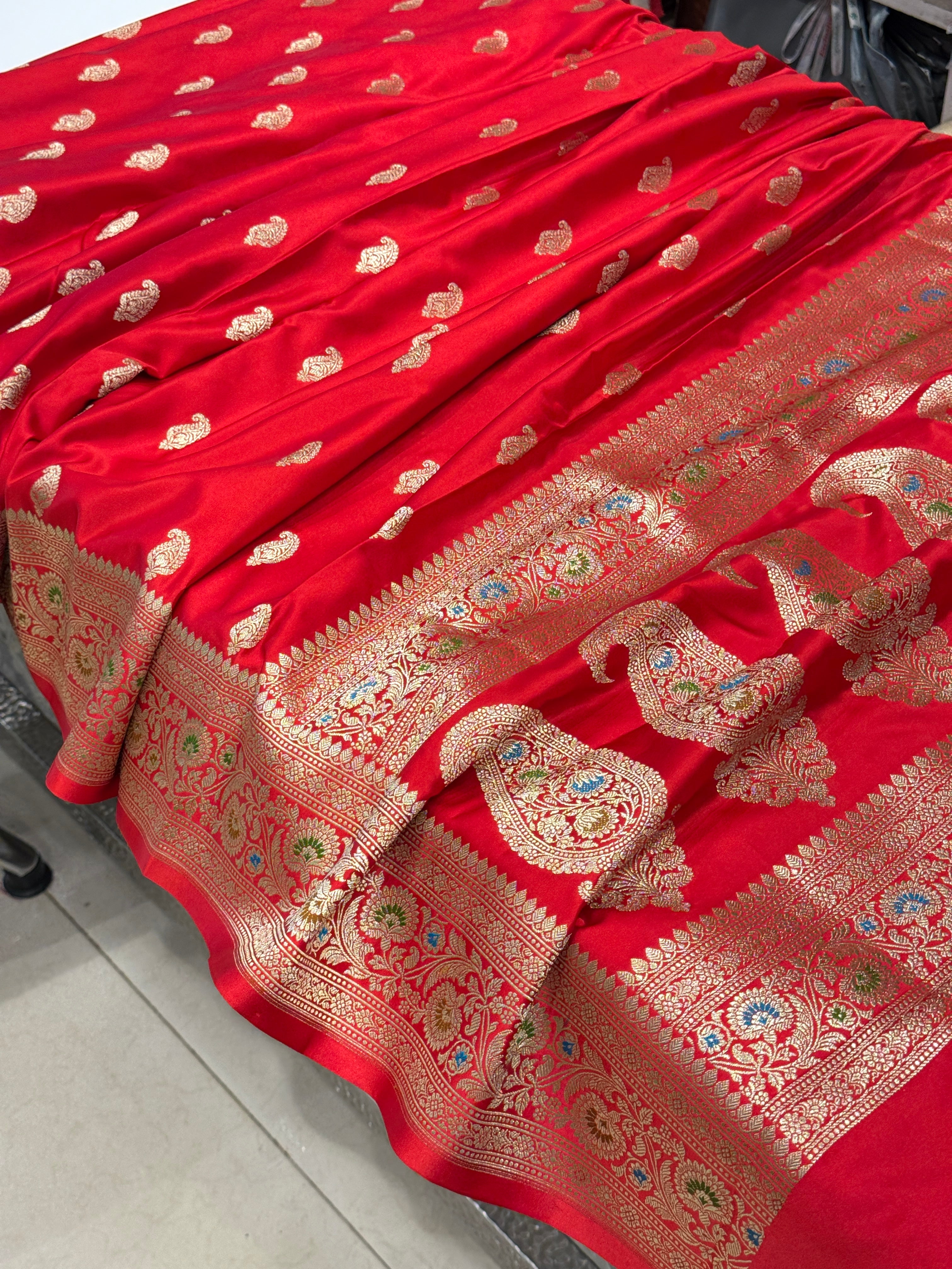 Red Banarasi Meena Border Butti Saree