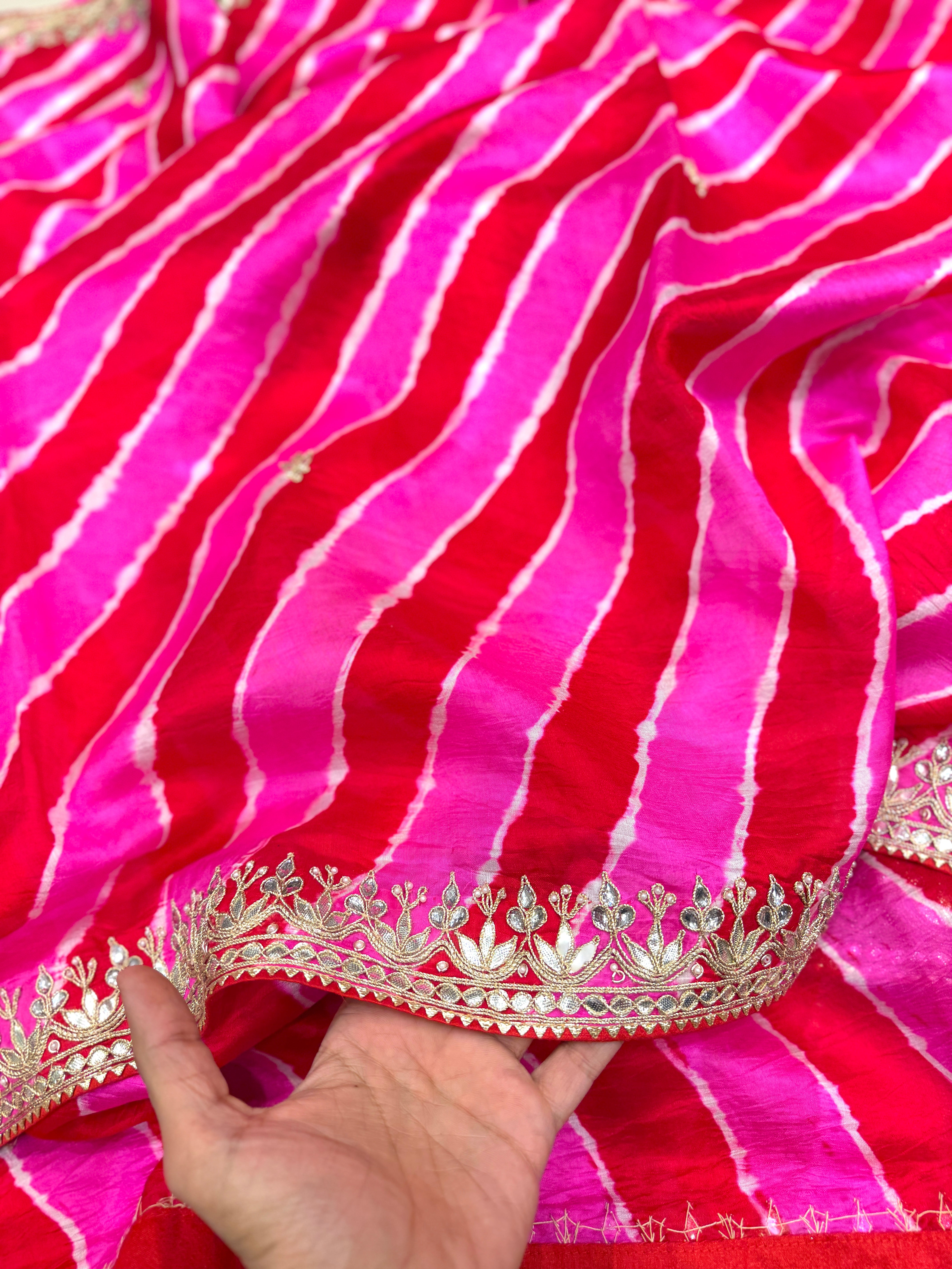 Rani Pink Leheriya Tussor with Gotapatti Embroidery Saree