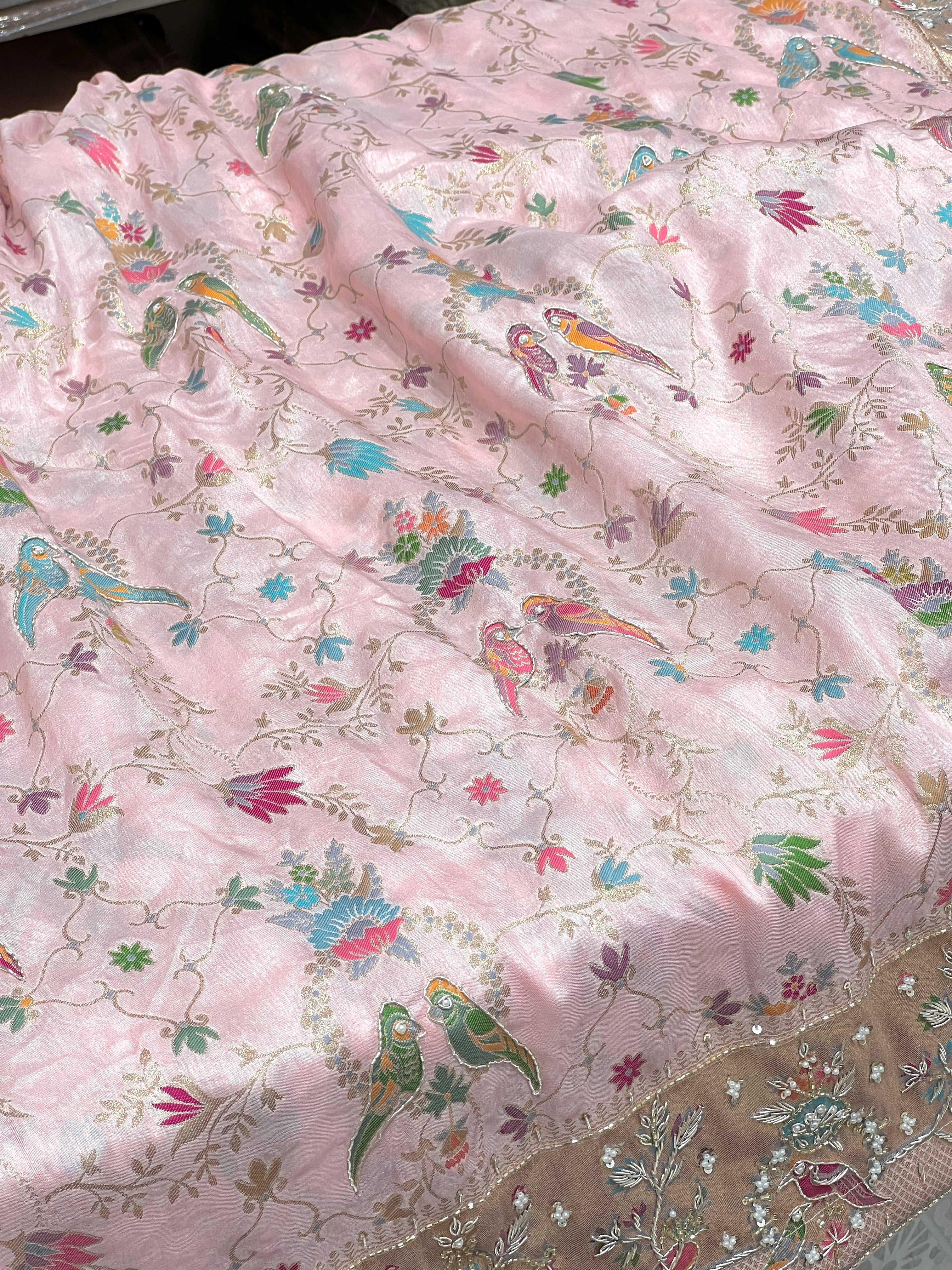 Pink Banarasi Munga Shikara Zardozi Hand Embroidery Saree