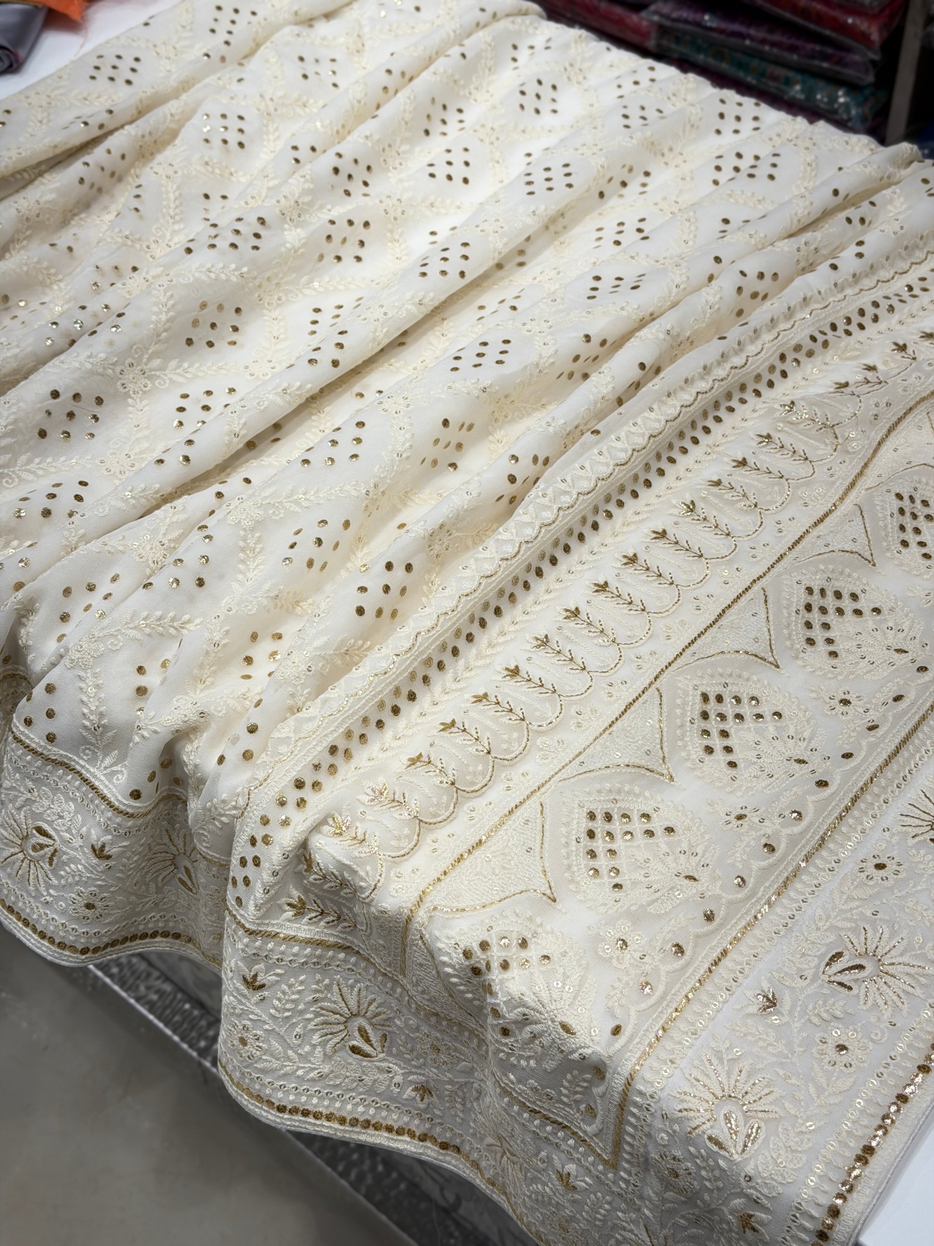 Moti White Georgette Badla Embroidery Chikankari Resham Saree