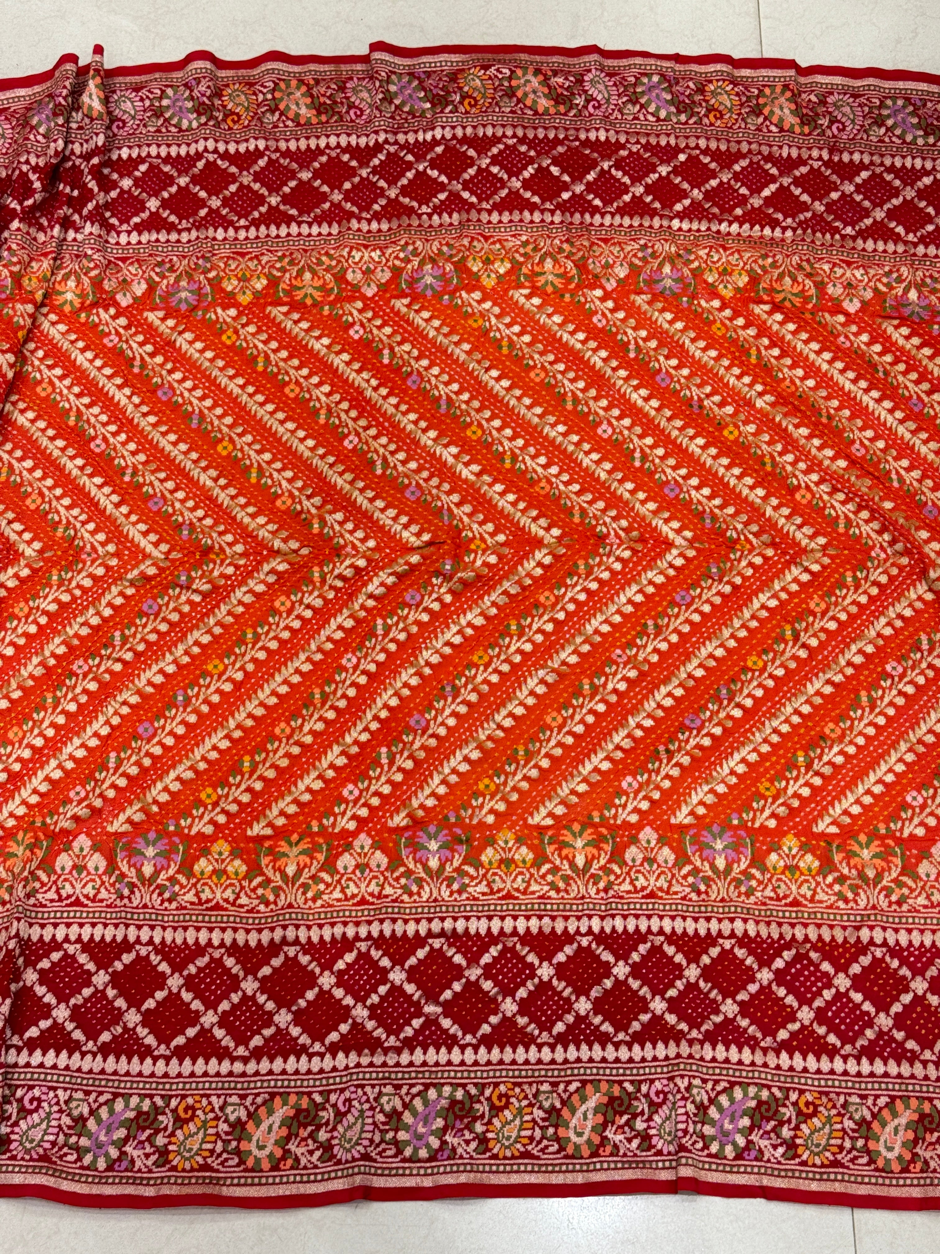 Orange Red Double Border Meenakari Rai Bandhej Georgette Bandhini Saree