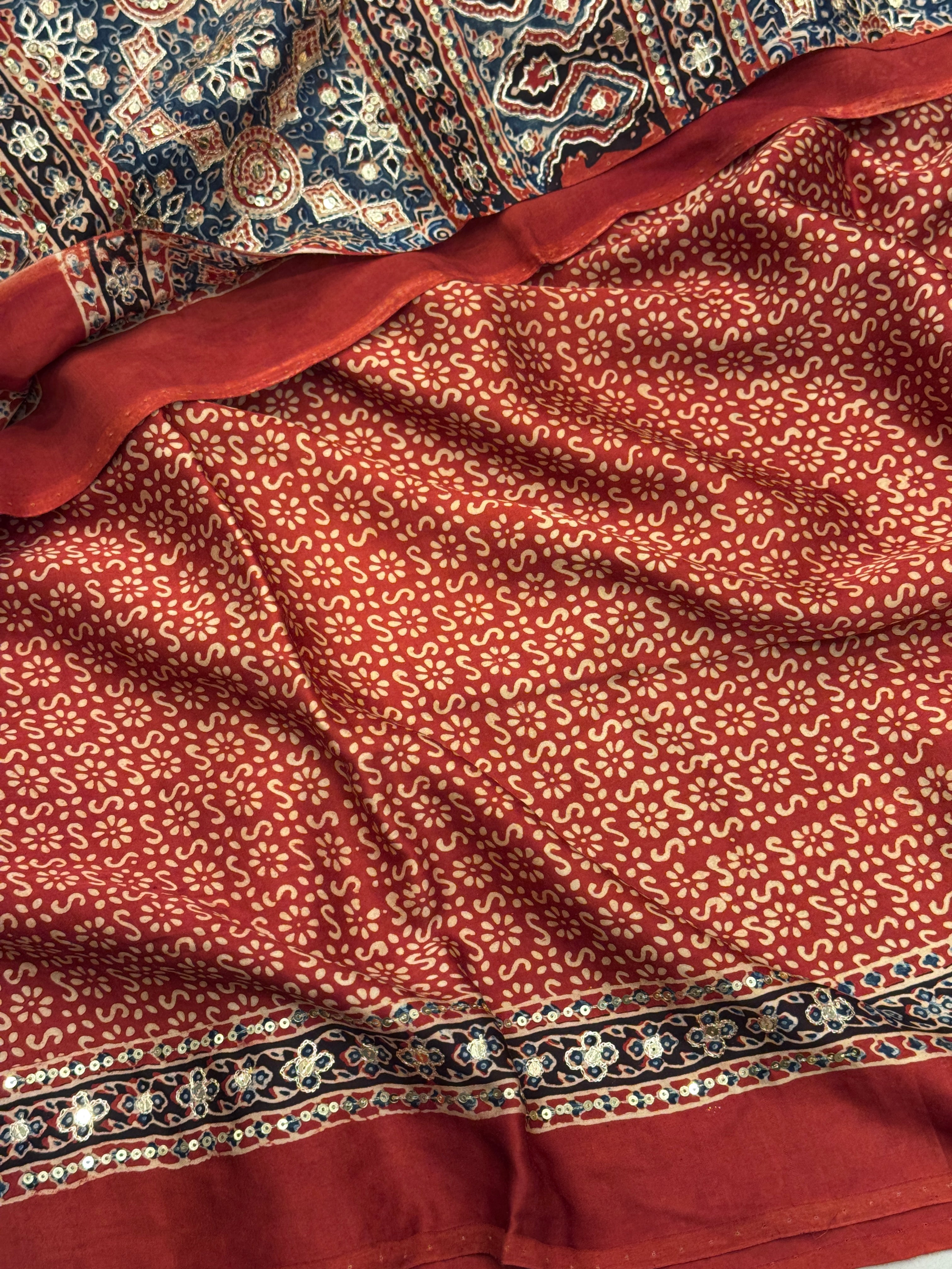 Red Blue Abstract Pita Sequin Ajrakh Hand Embroidery Saree