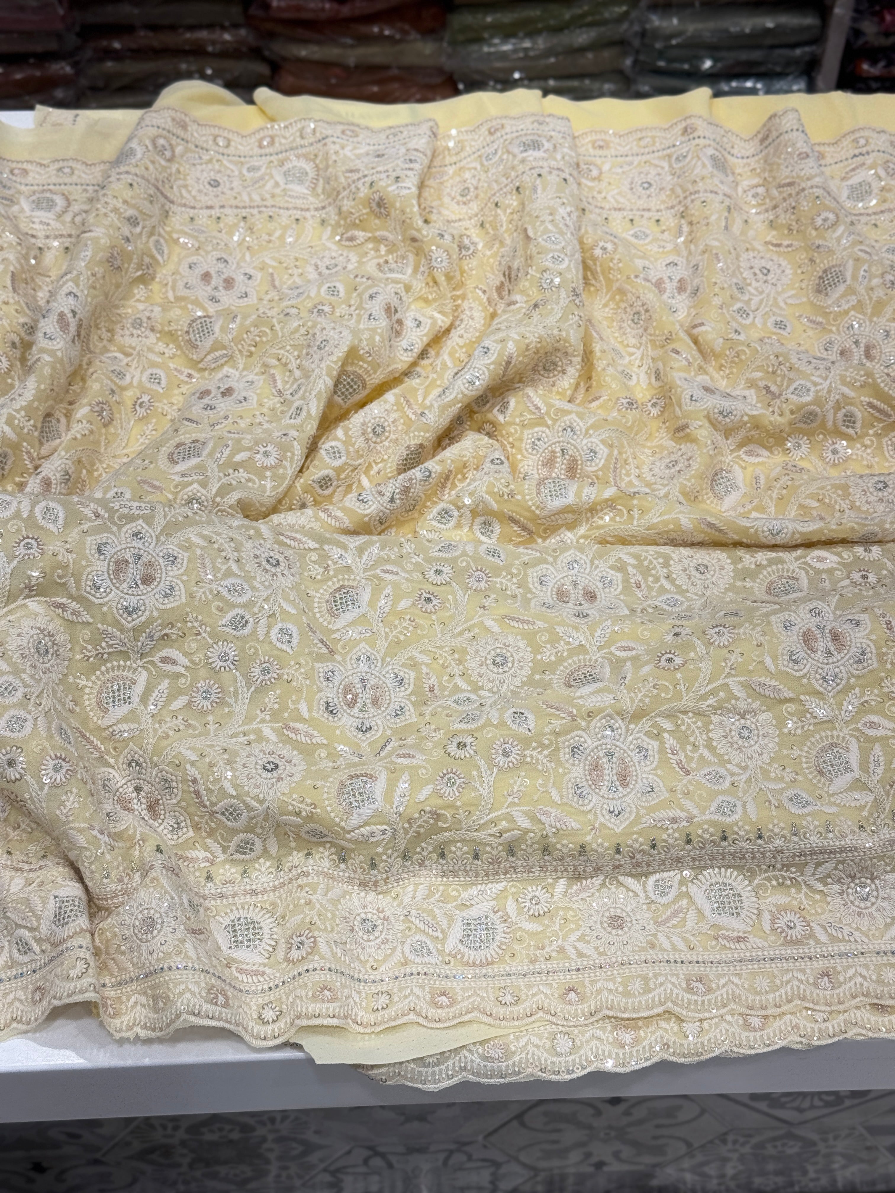 Yellow Chikankari Small Scallop Design Saree