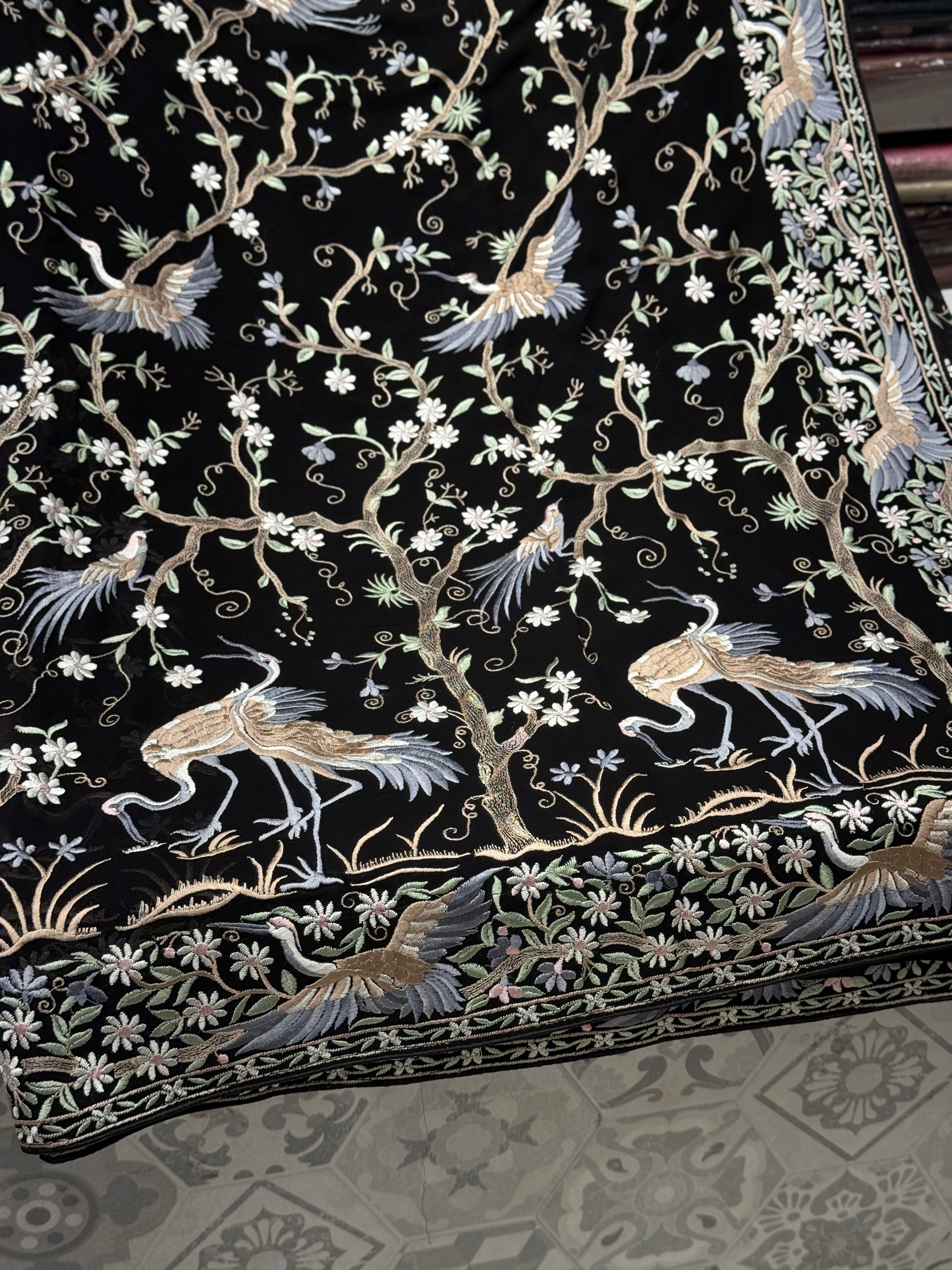 Black Tree Of Life Flamingo Parsi Gara Saree