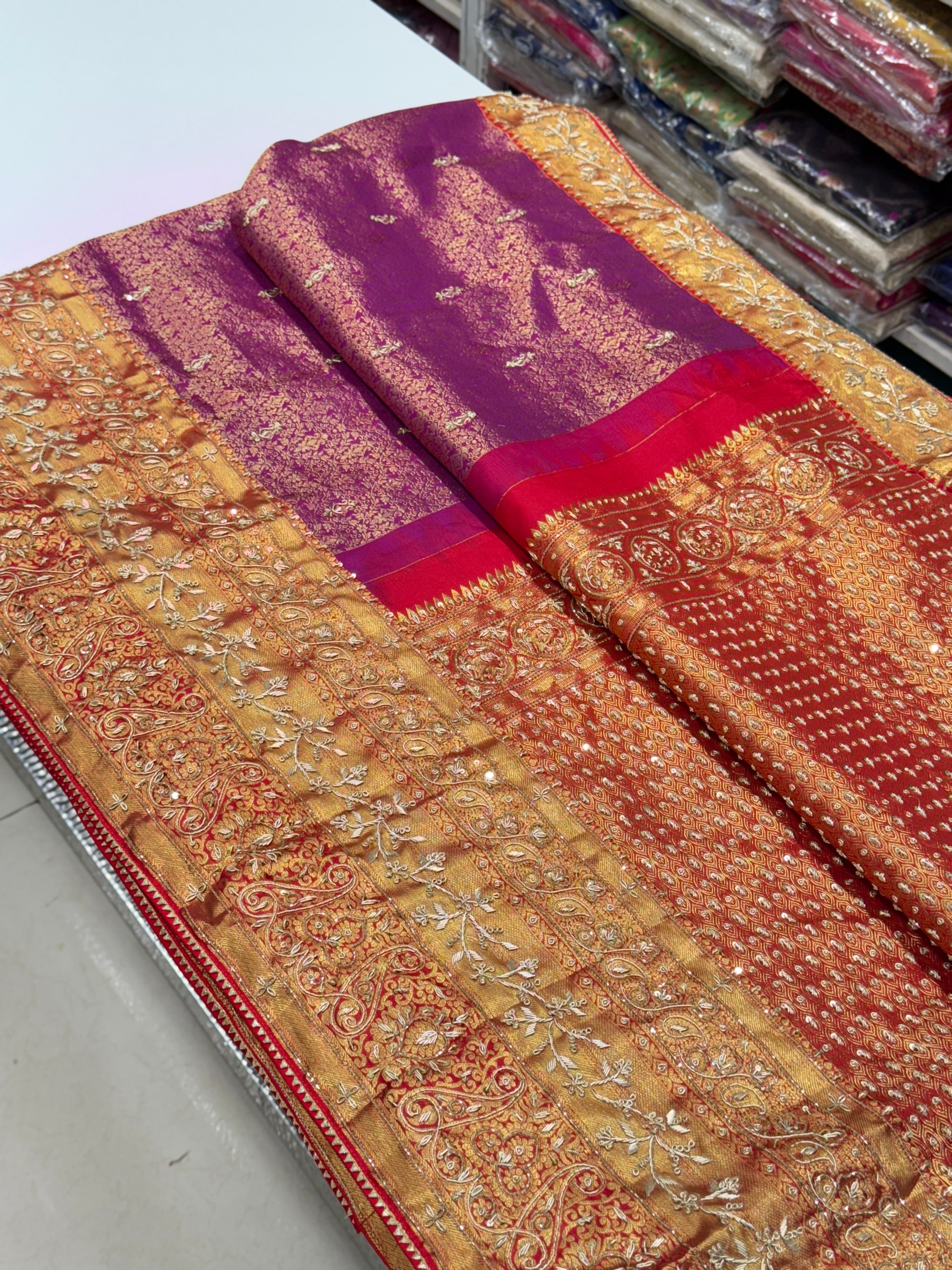 Wine Kanjivaram Hand Embroidery Saree