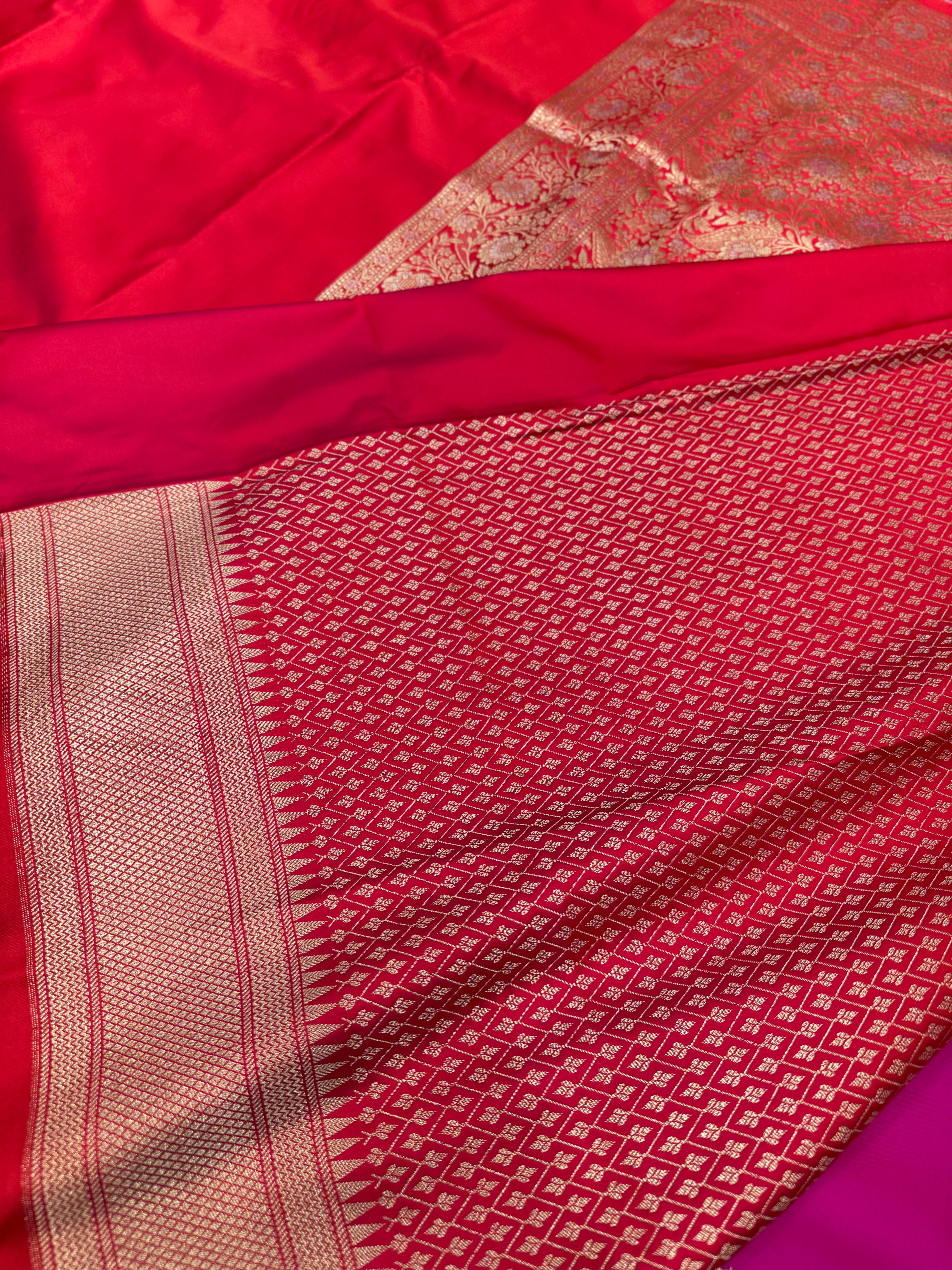 Red Banarasi Silk Plain Upside Down Border Saree