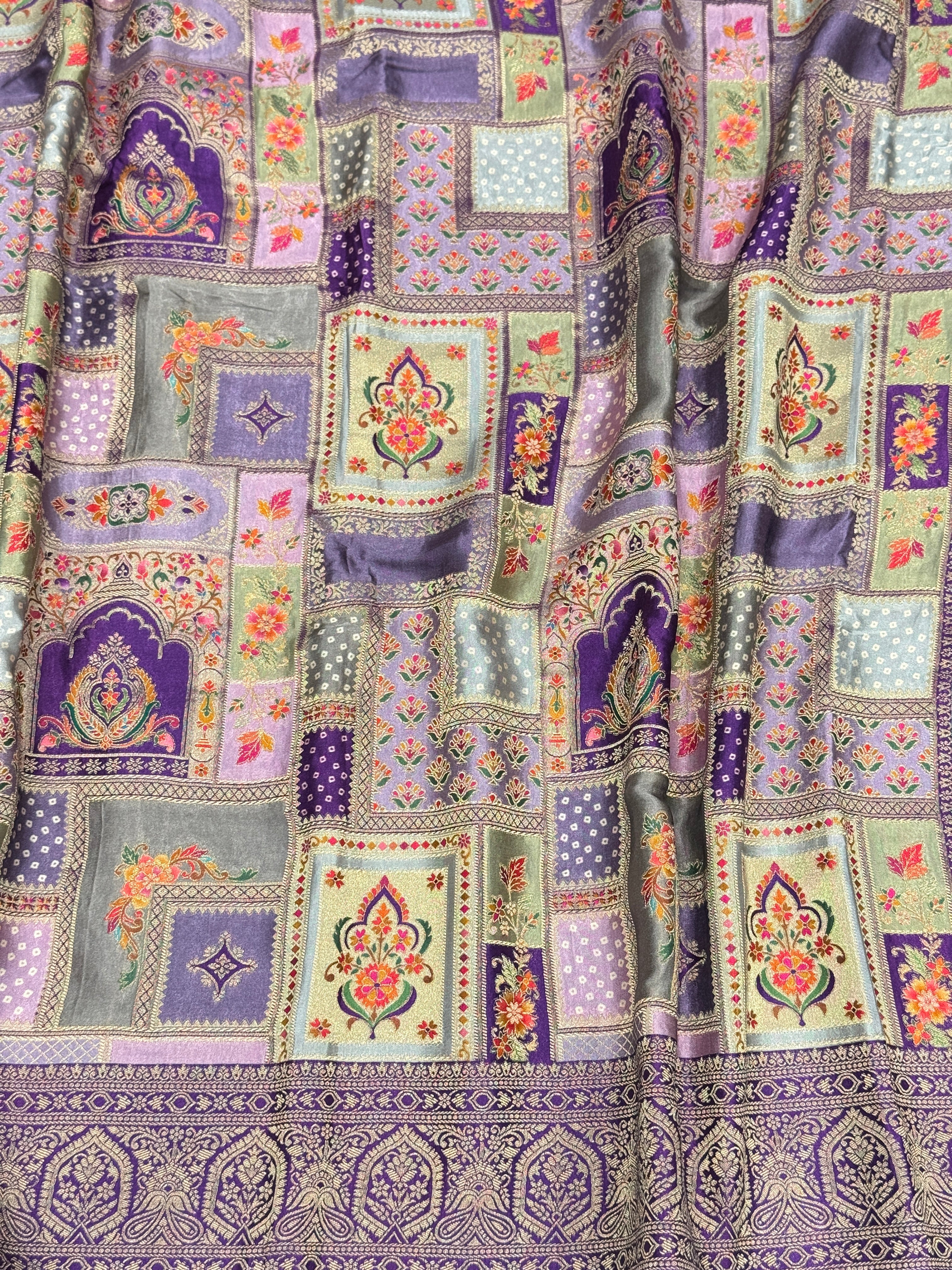 Violet Banarasi Modal Rangkat Satin Checkered Temple Silk Saree