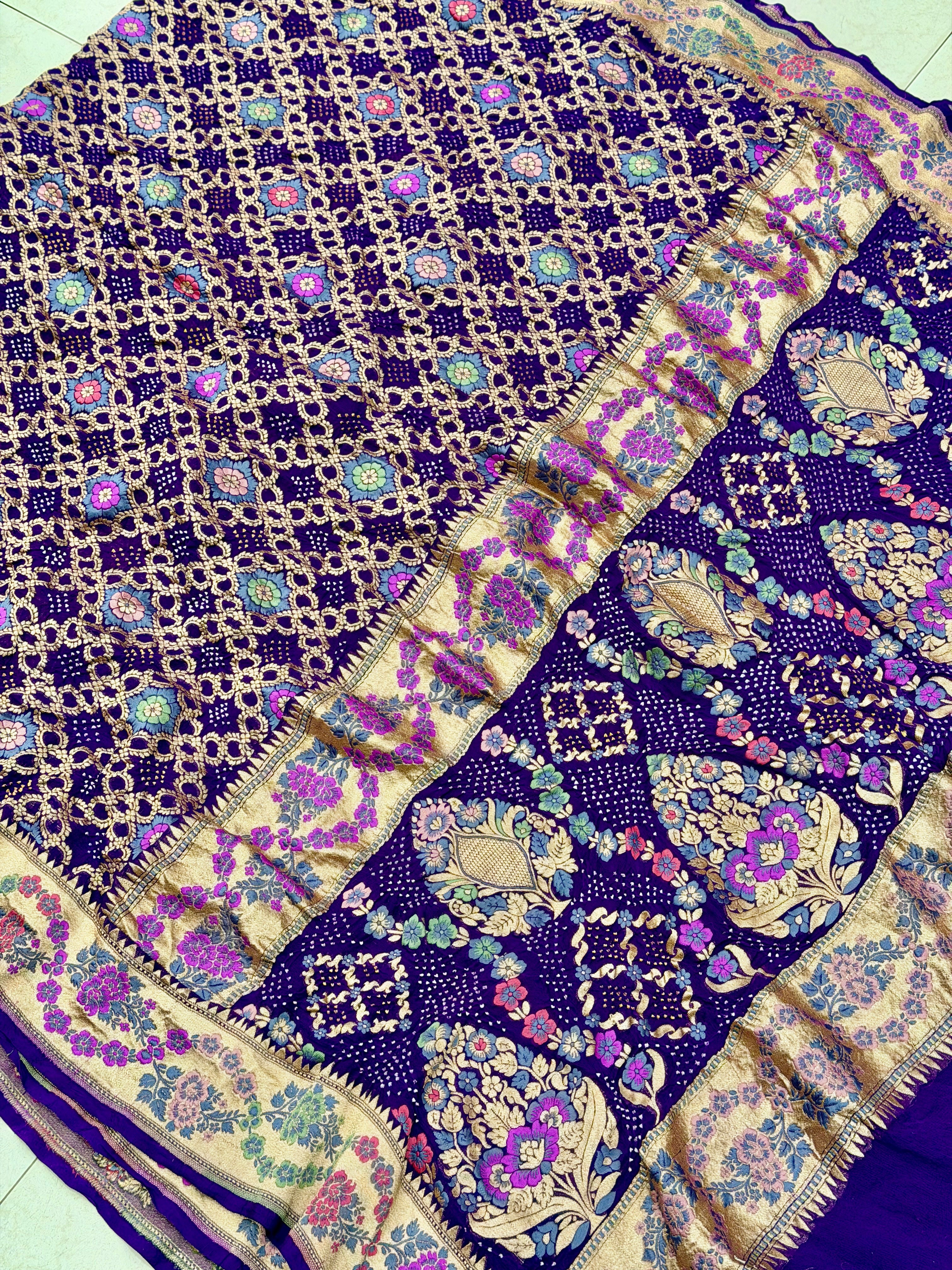 Violet Meenakari Pure Handloom Rai Bandhej Saree