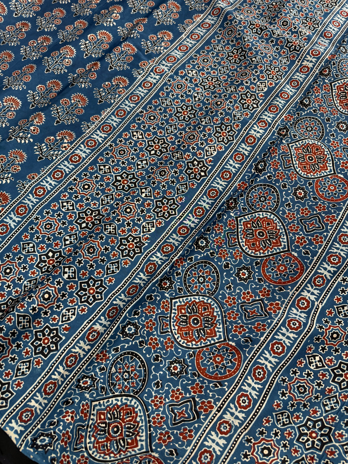 Blue Floral Butta Ajrakh Hand Block Print Pure Gajji Silk Saree