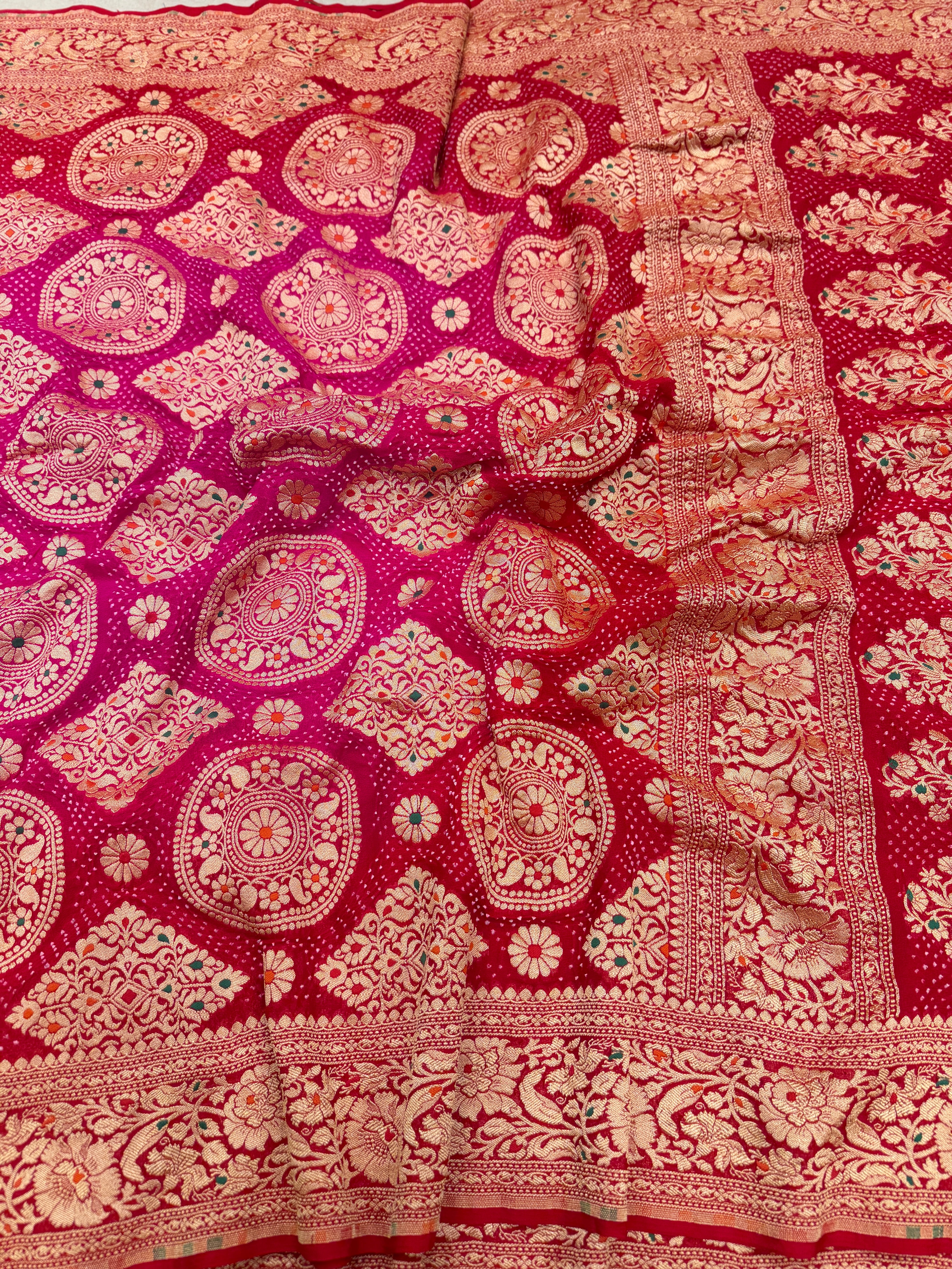 Shaded Rani Red Meenakari Pure Handloom Rai Bandhej Saree
