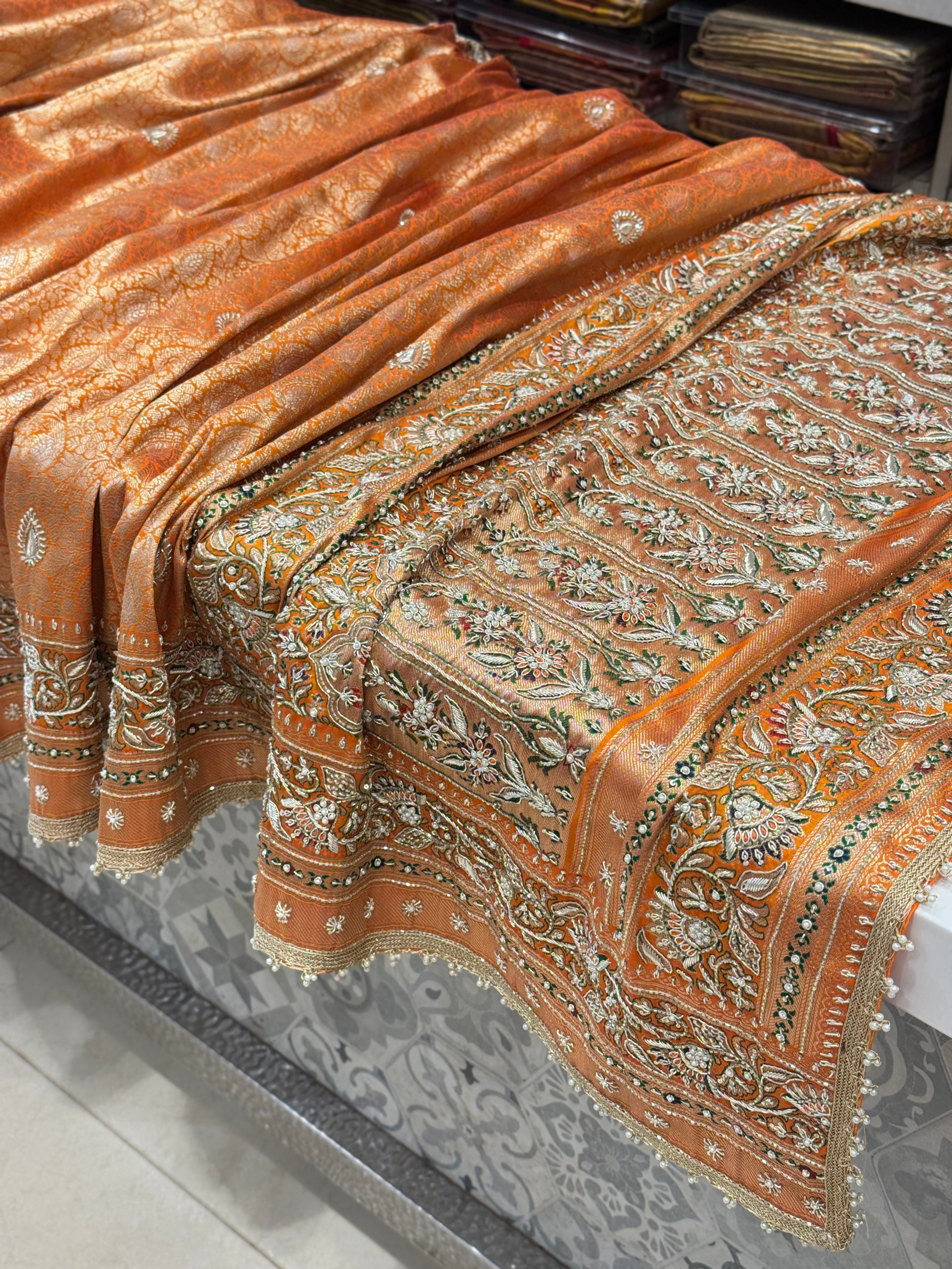 Orange Meenakari Banarasi Zardosi Hand Embroidery Saree