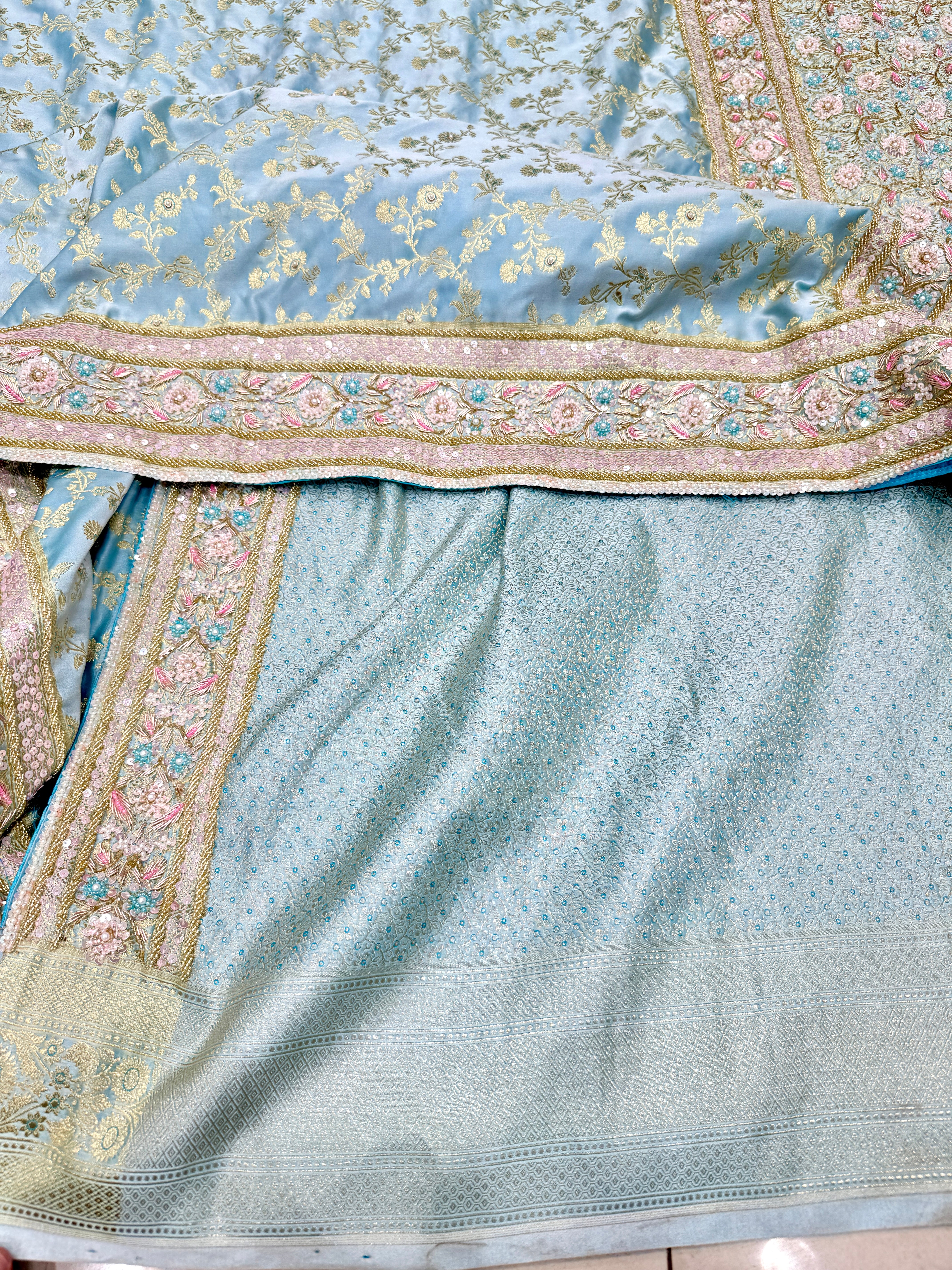 Light Blue Banarasi Flower Border Moti Hand Embroidery Saree