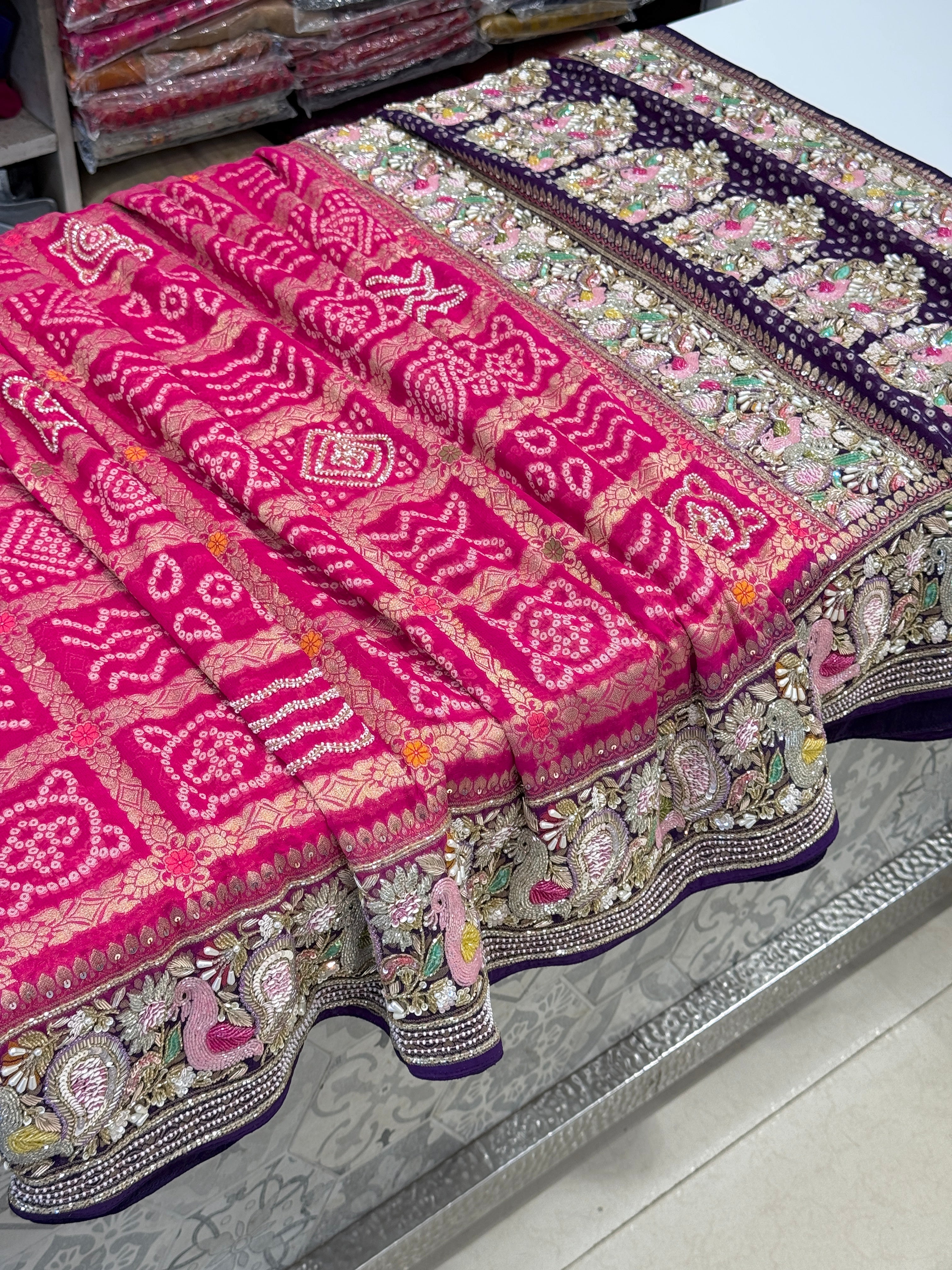 Rani Purple Gharchola Moti Sequin Zardosi Hand Embroidery Georgette Saree