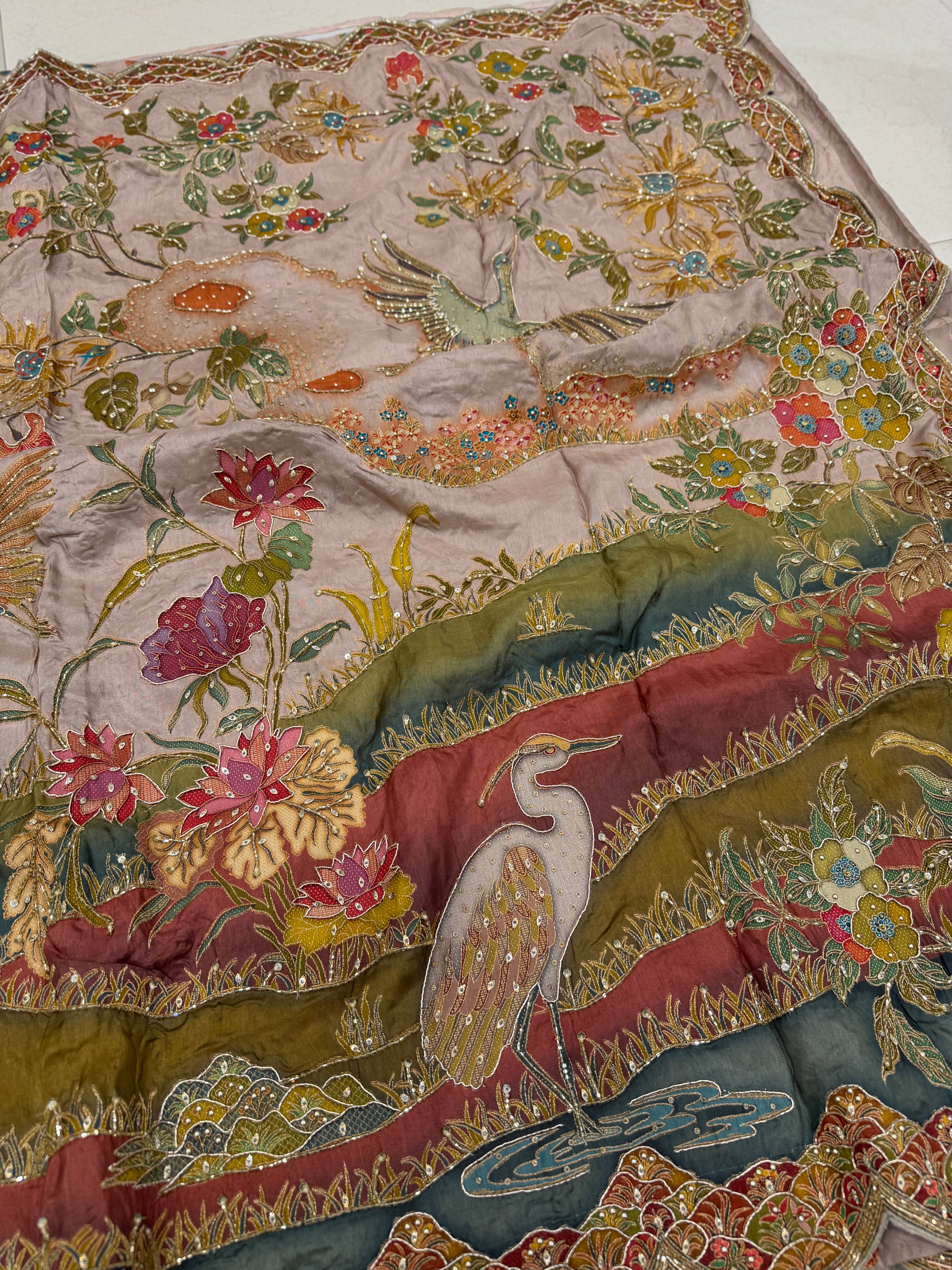 Champagne Munga Landscape Hand Embroidery Saree