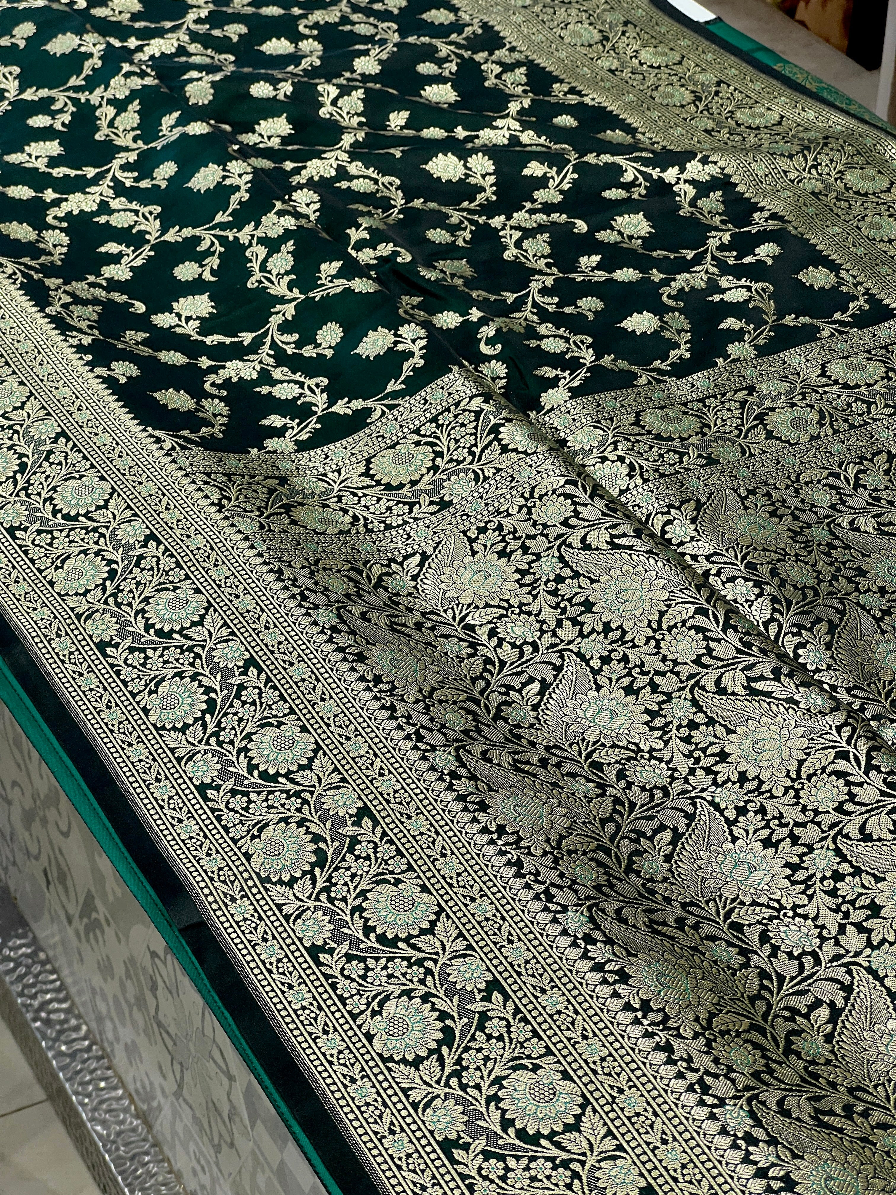 Greenish Black Banarasi Upside Down Border Saree