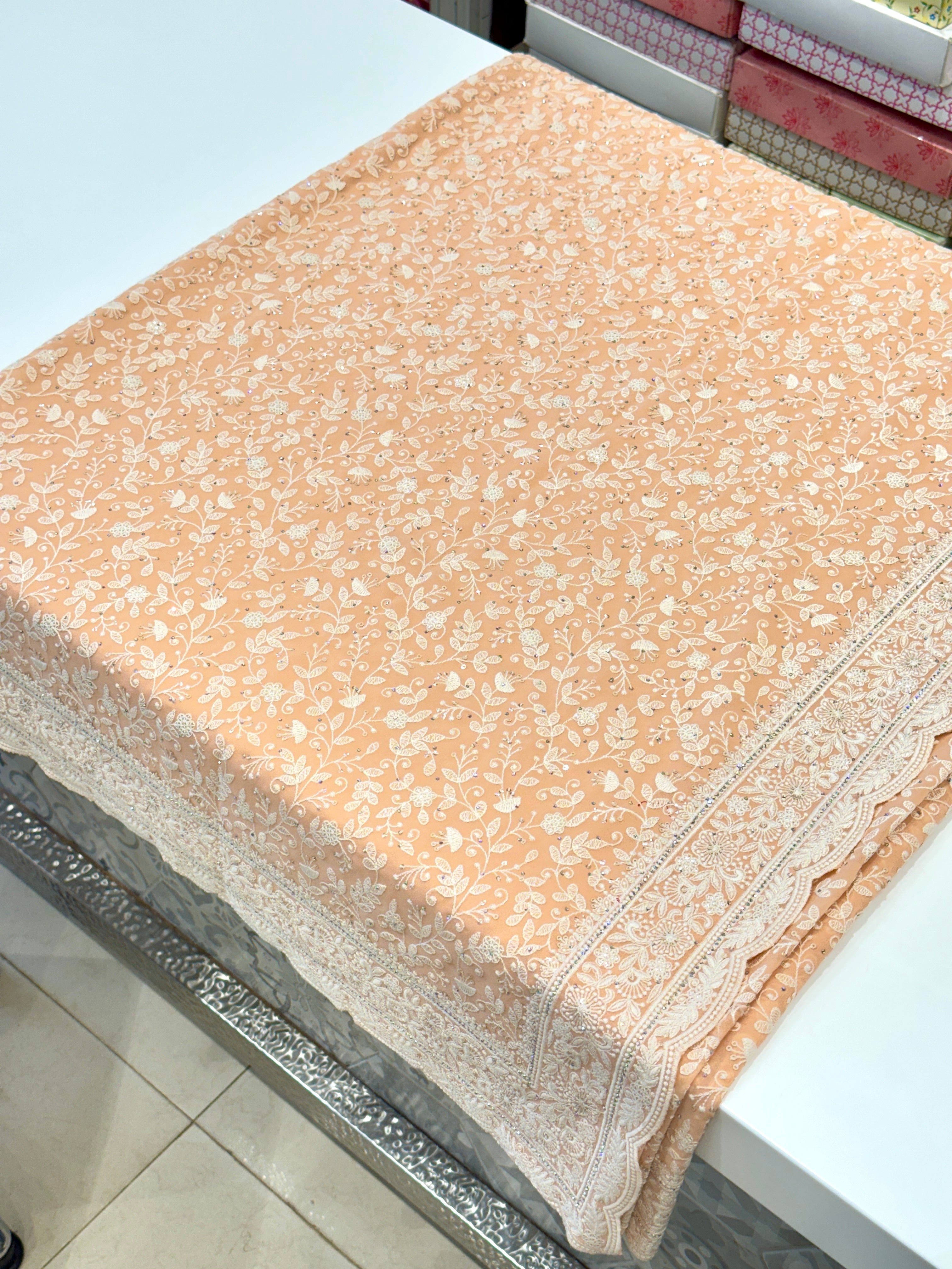 Peach Chikankari Scallop Design Saree