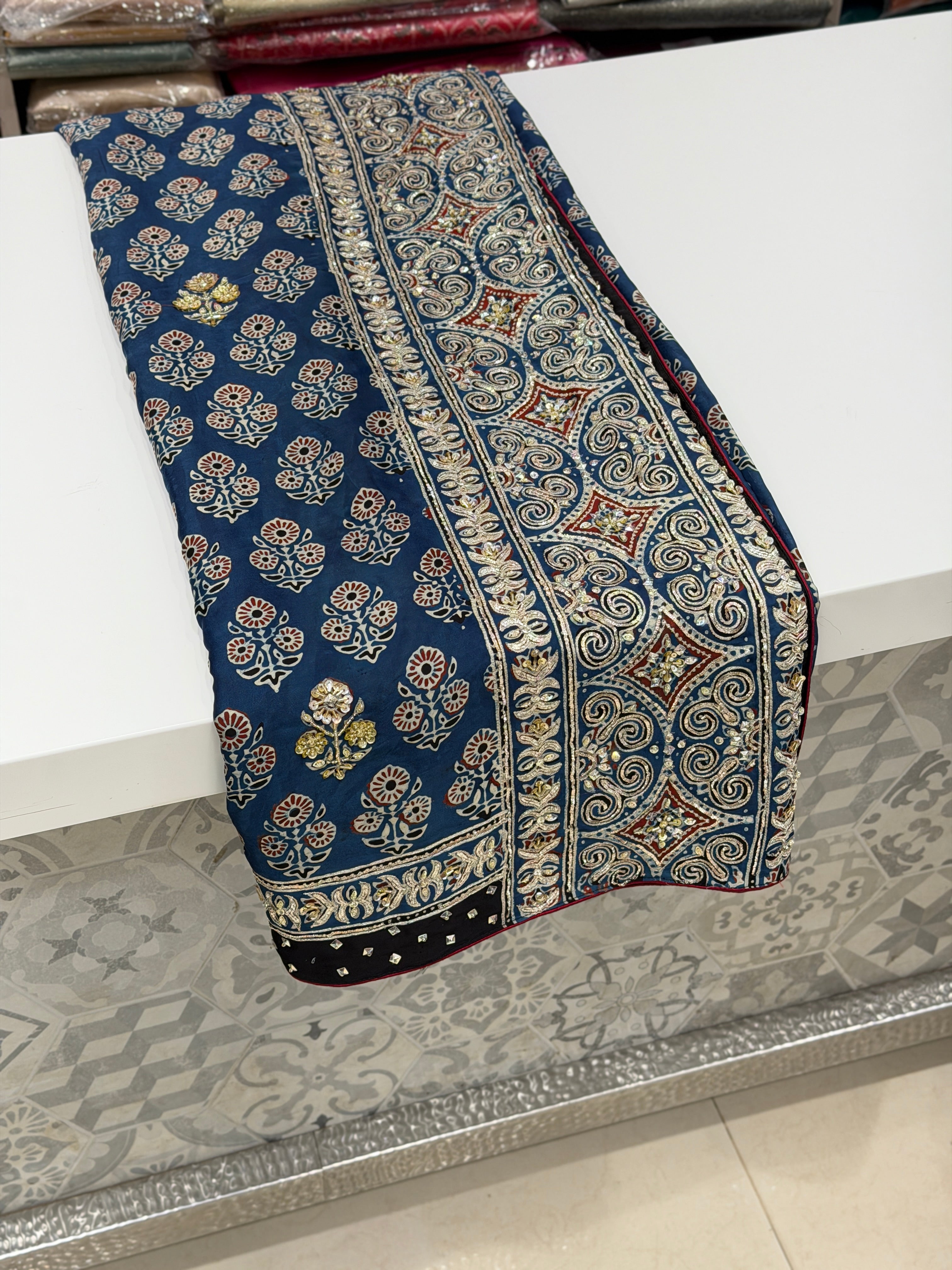 Blue Buttas Pita Zardosi Sequin Ajrakh Hand Embroidery Saree