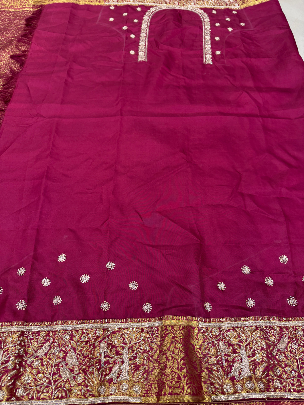 Maroonish Wine Kanjivaram Landscape Zardosi Hand Embroidery Saree