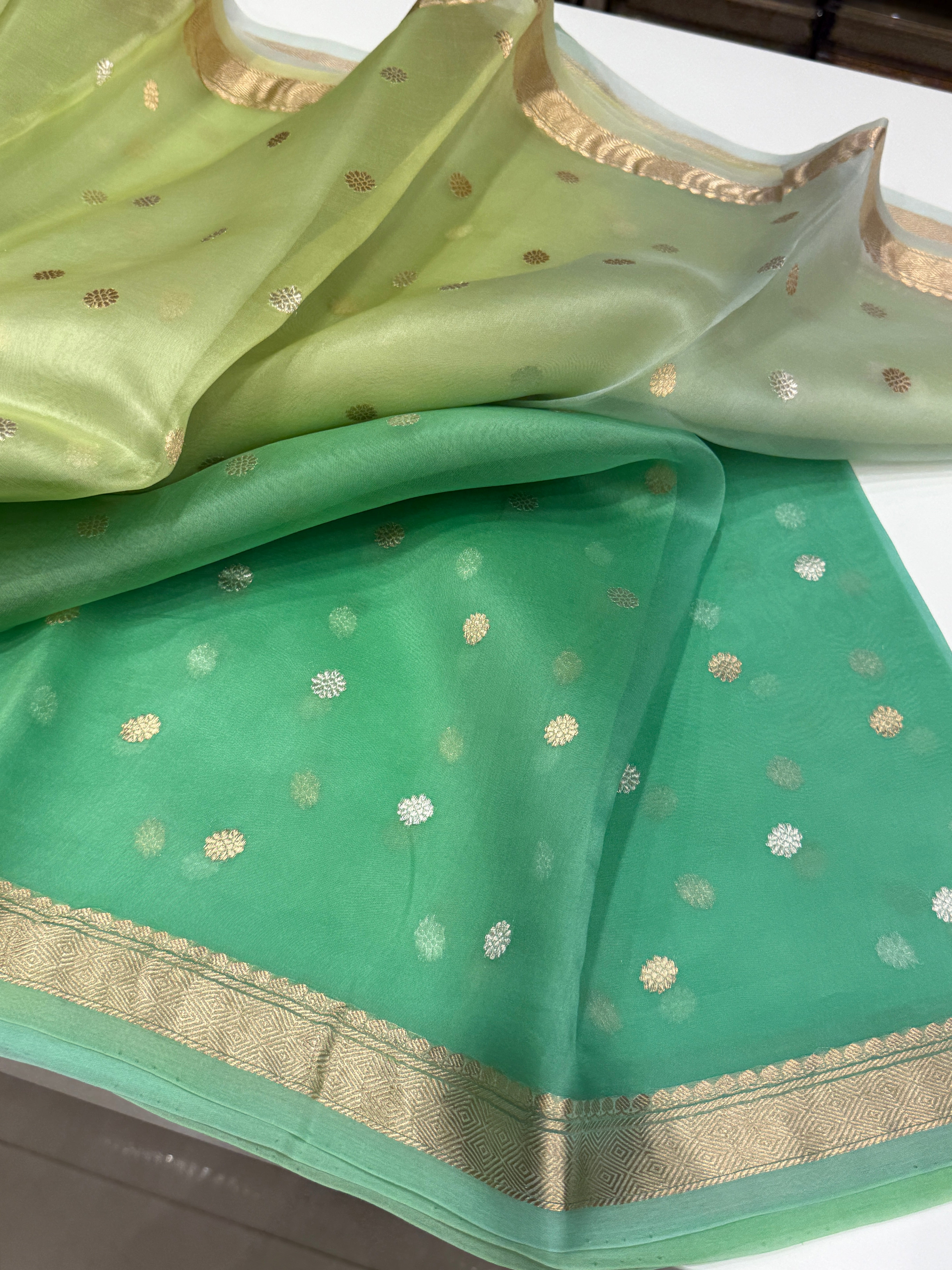 Green Shaded Banarasi Handloom Kora Saree