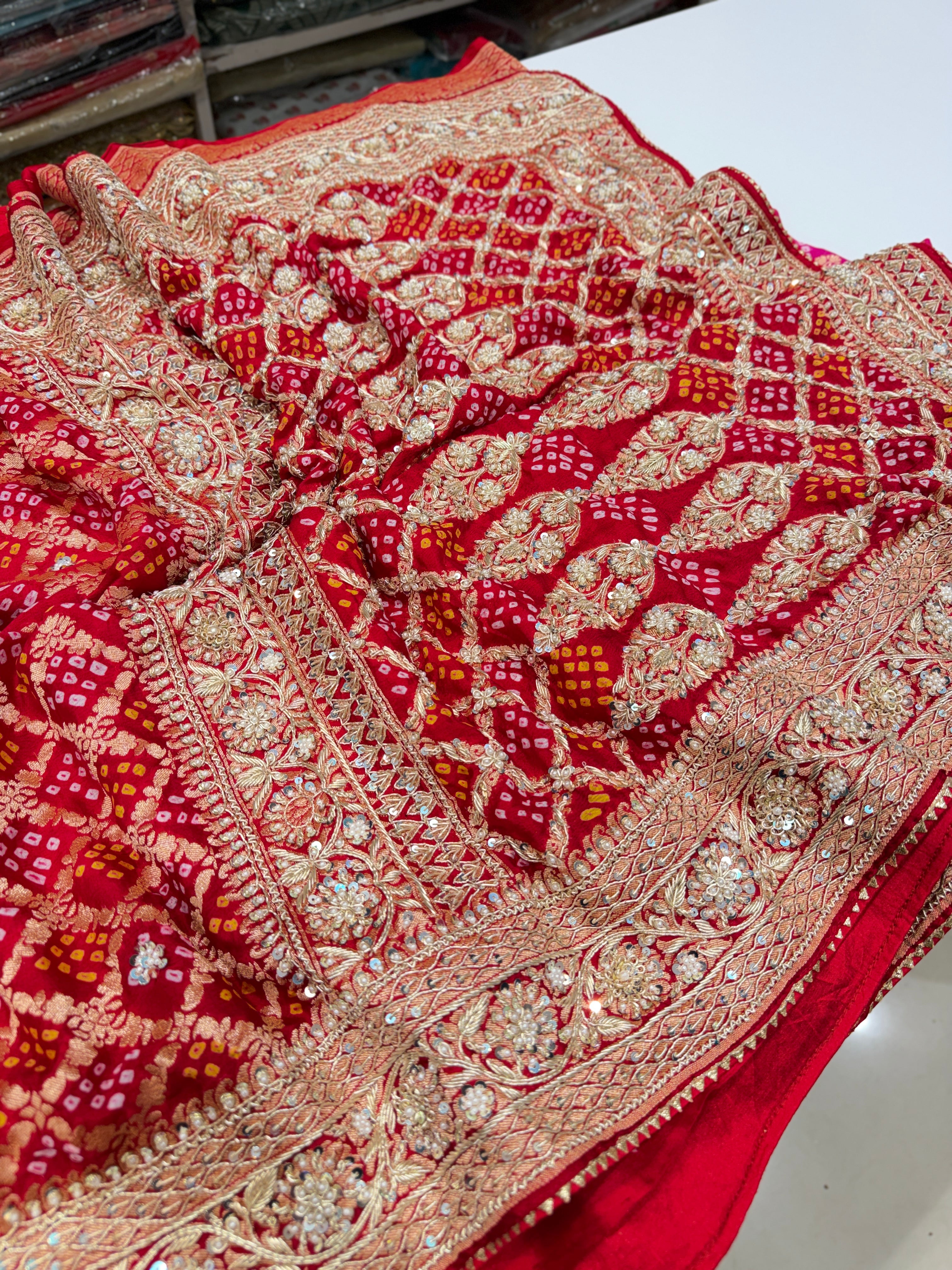 Red Rani Shaded Bandhej Zardosi Hand Embroidery Georgette Saree