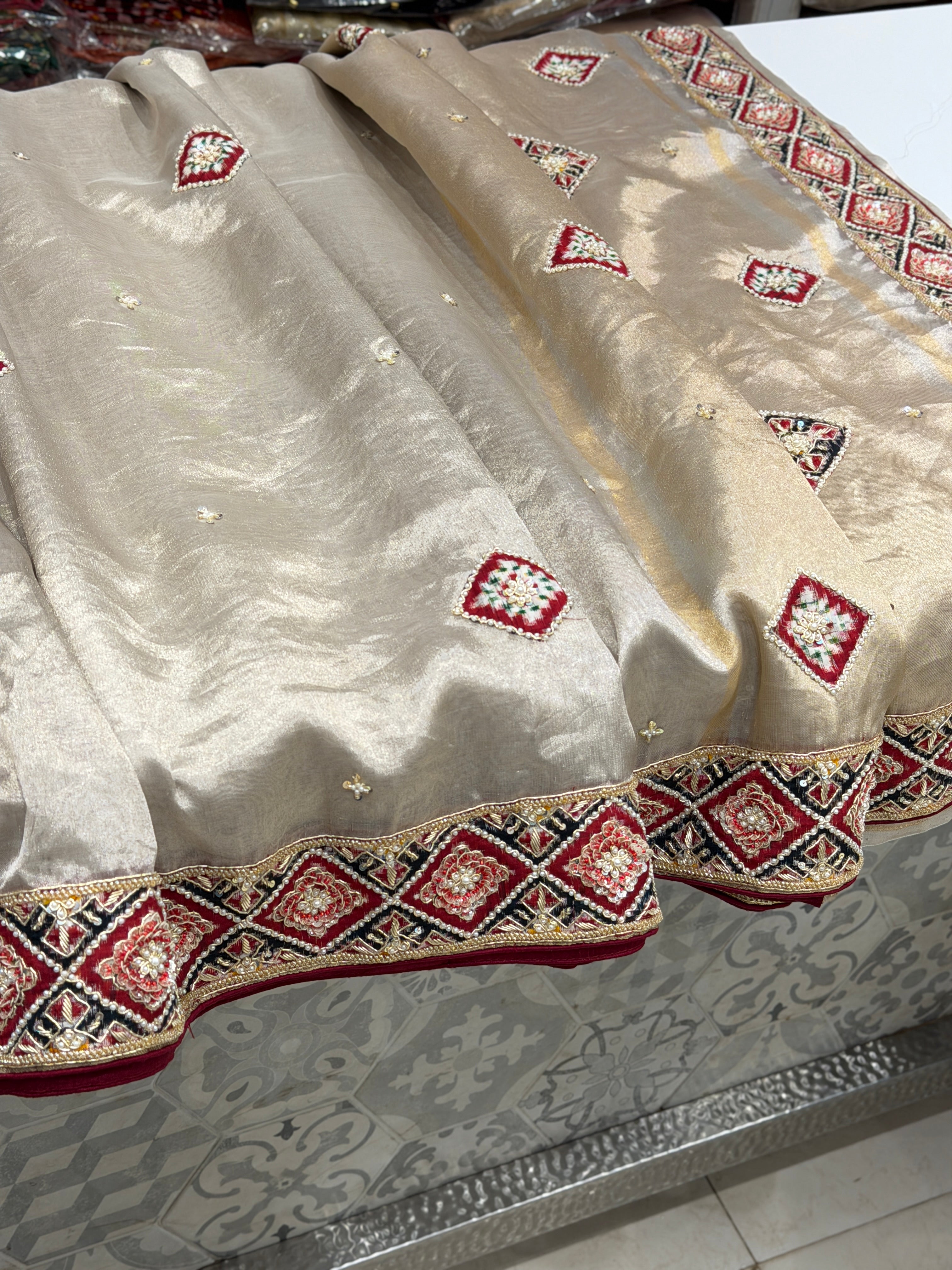 Silver Pure Tissue Patan Patola Patch Hand Embroidery Saree