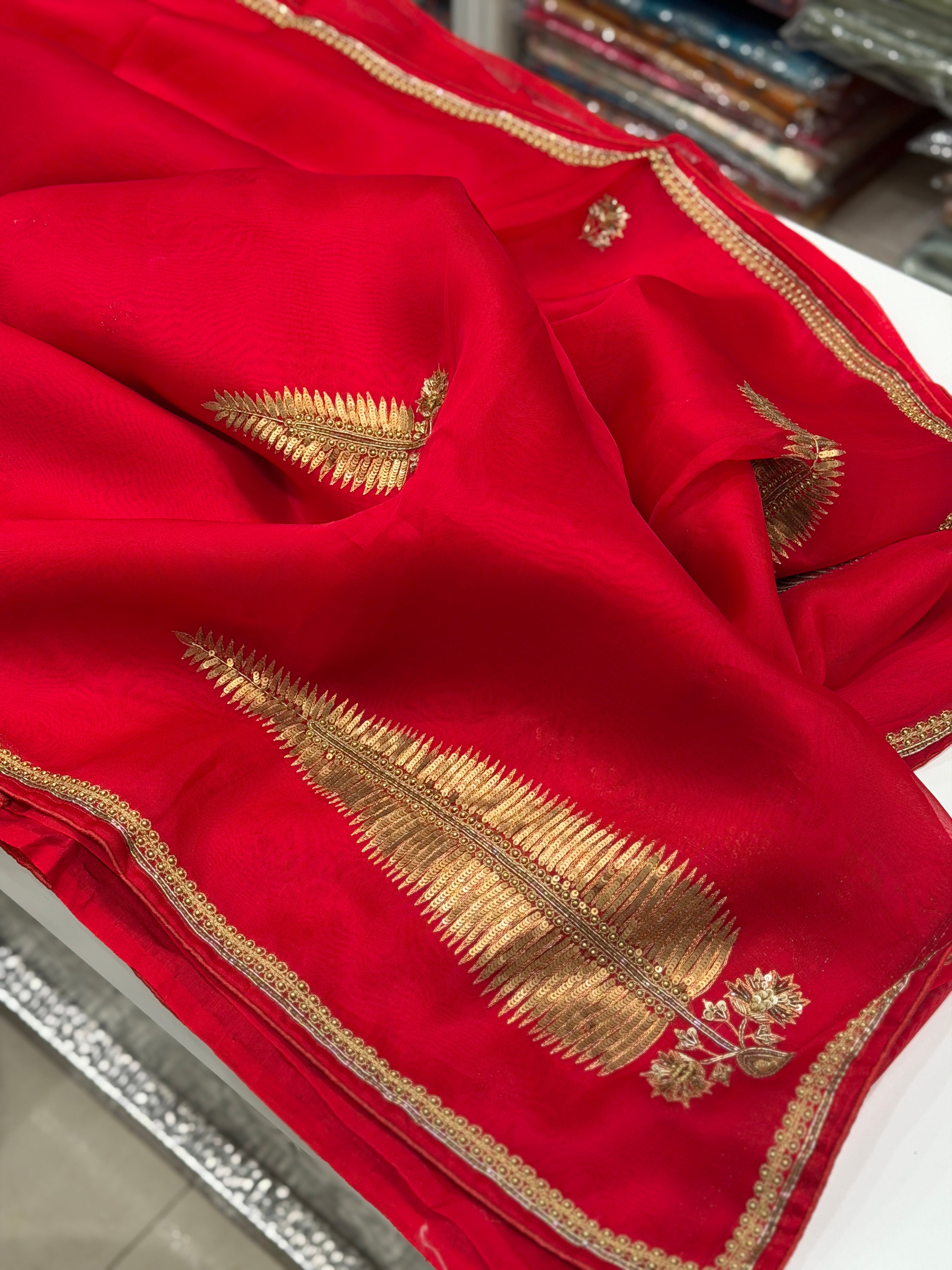Red Pure Organza Raw Mango Inspired Contemporary Asopalav Pallu Zardodi Moti Sequin Hand Embroidery Saree