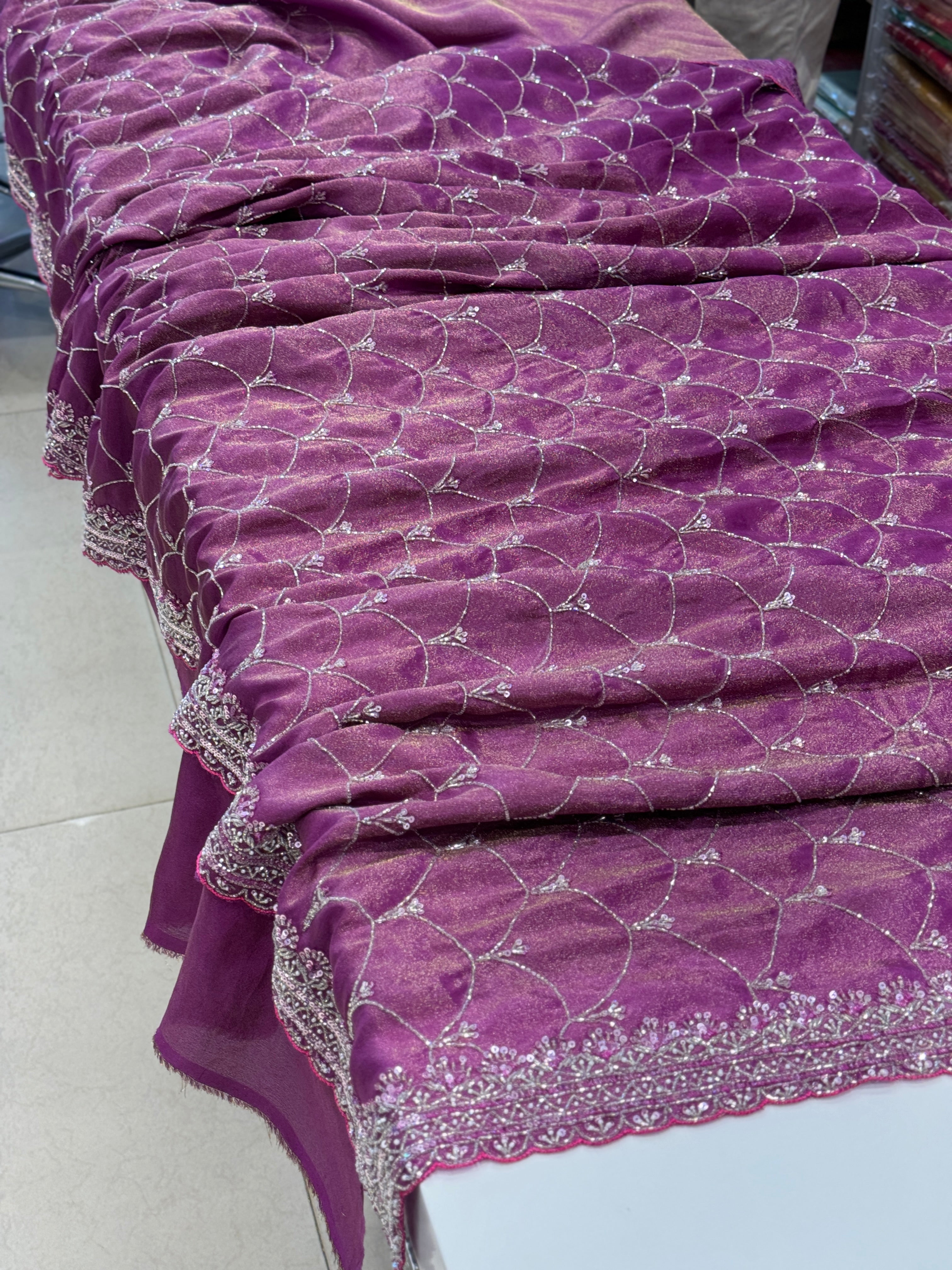 Cross Violet Rani Crepe Tissue Embroidery Saree