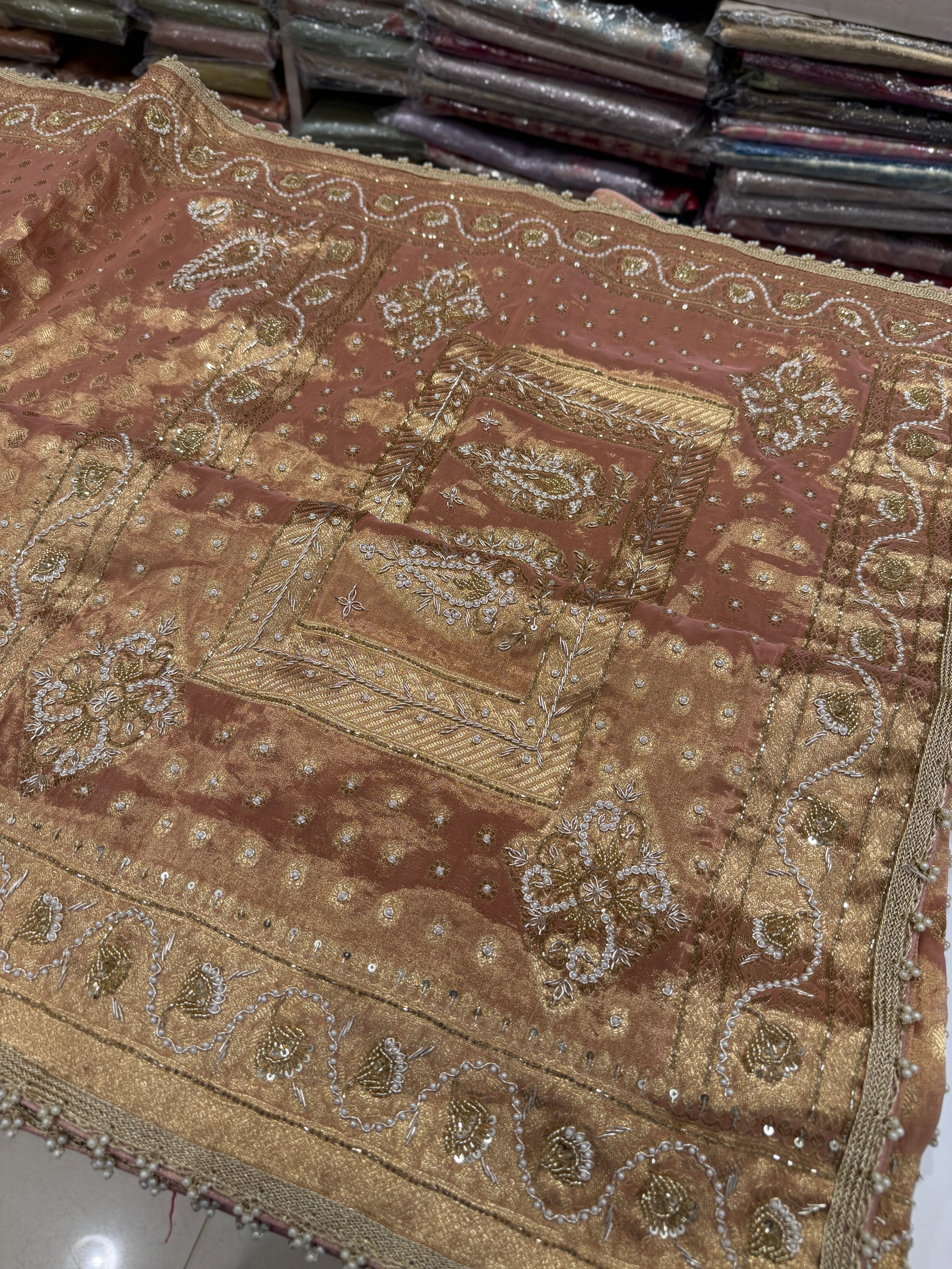 Nude Pink Tissue Banarasi Buttis Zardosi Embroidery Saree