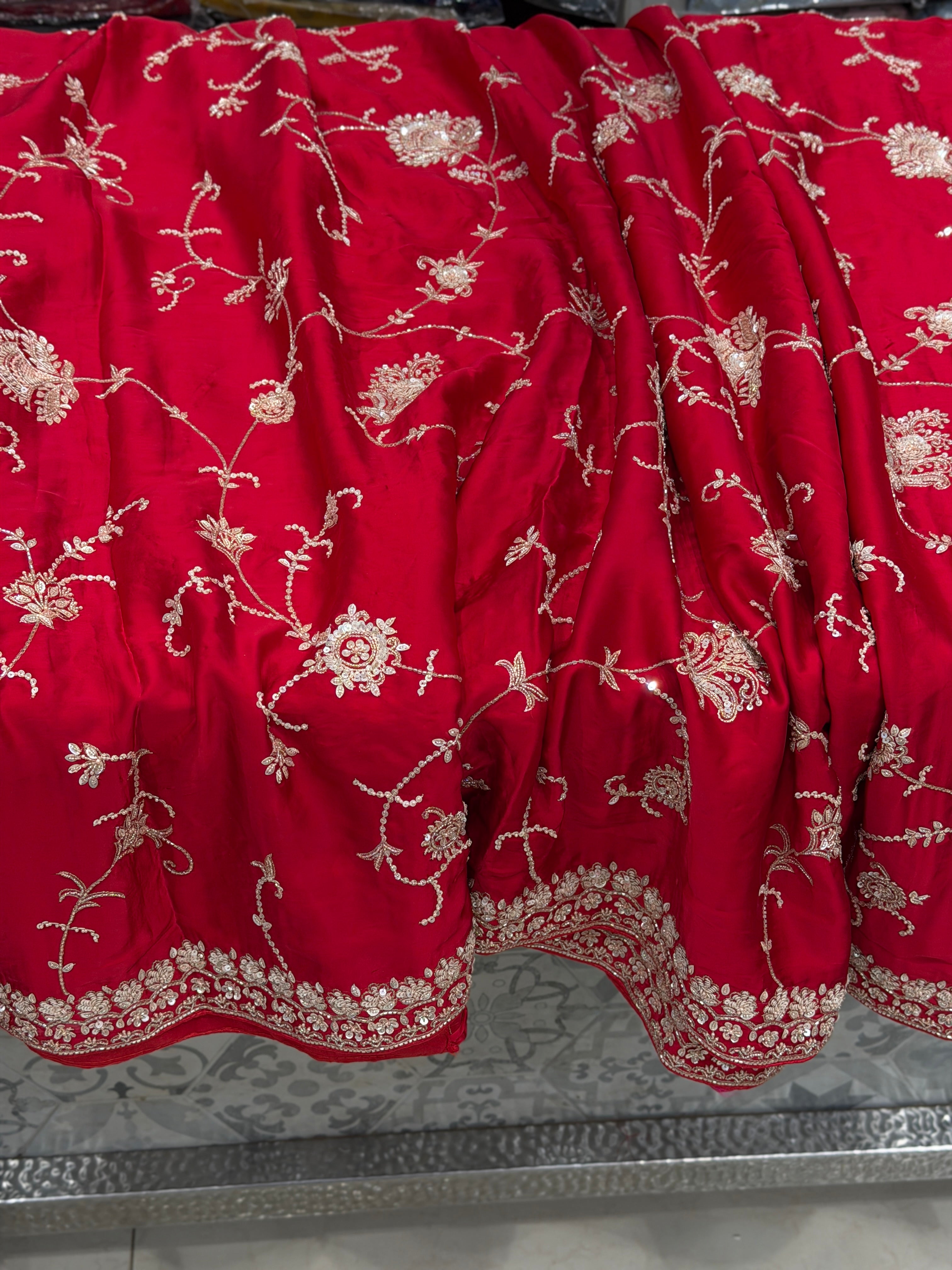 Red Satin Floral Jaal Hand Embroidery Saree