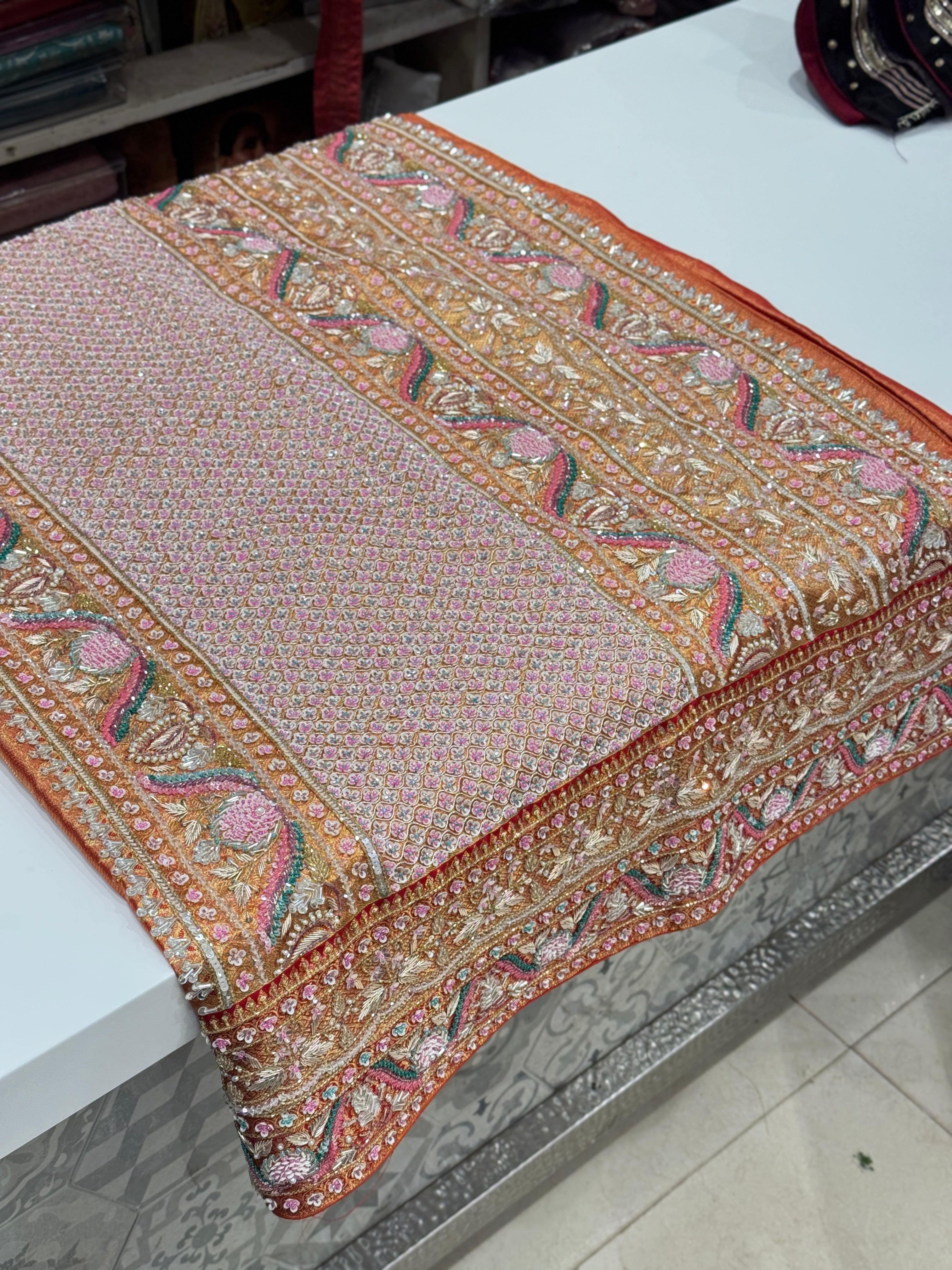 Pink Red Jaal Tissue Kanjivaram Hand Embroidery Saree