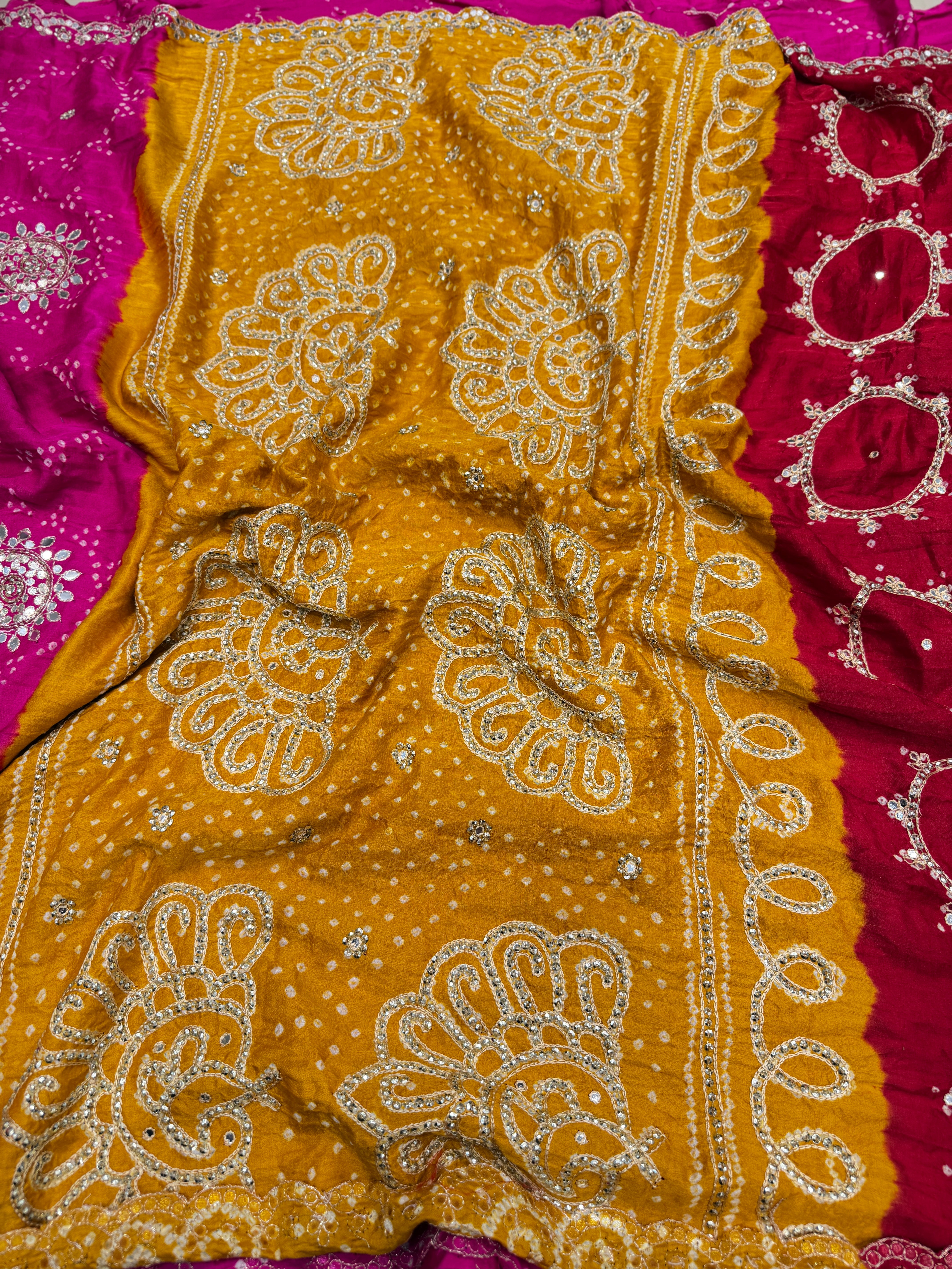 Yellow Rani Gajji Silk Rai Bandhej Tila Hand Embroidery Saree