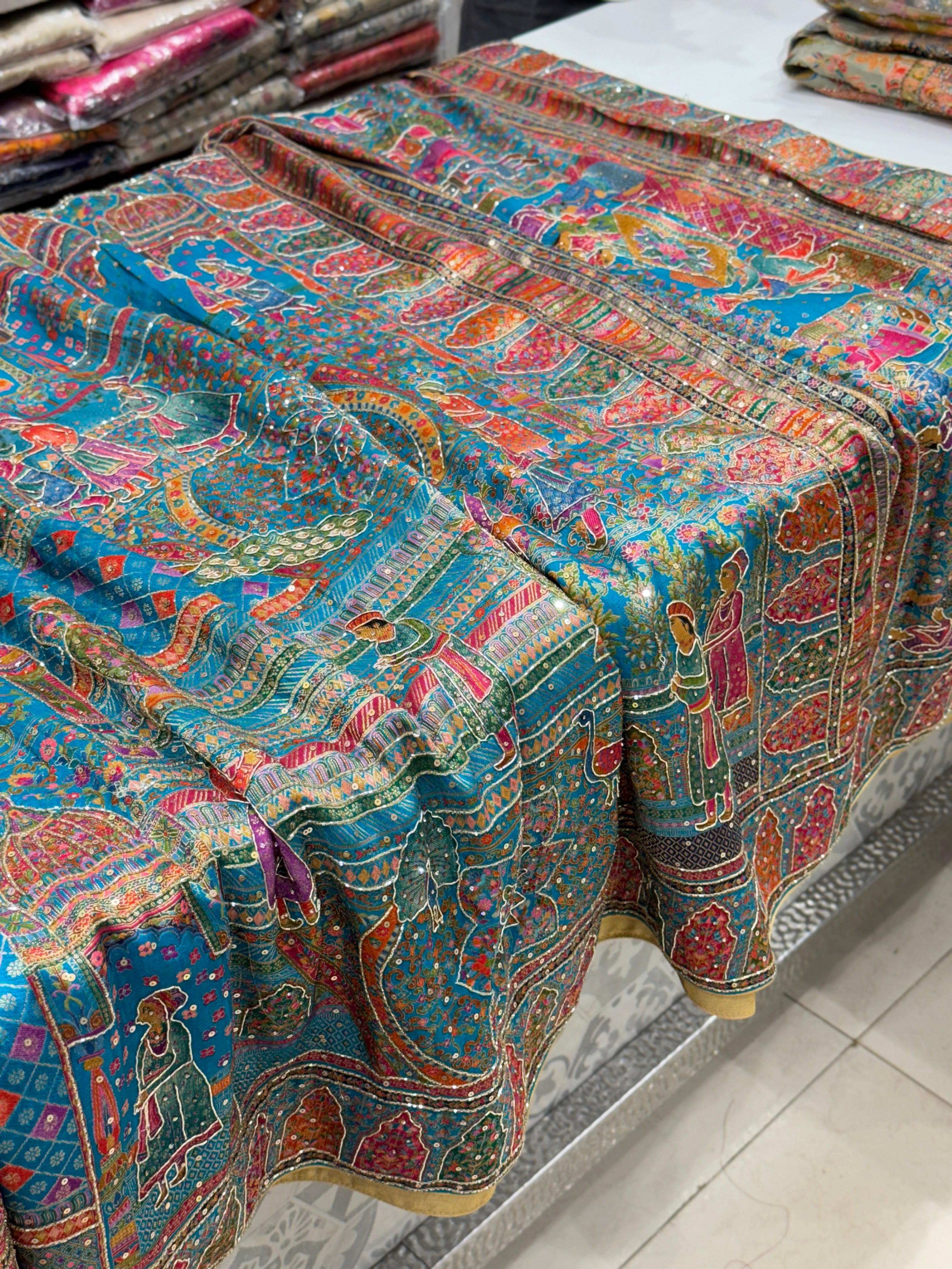 Firozi Blue Darbar Pashmina Style Weave with Hand Embroidery