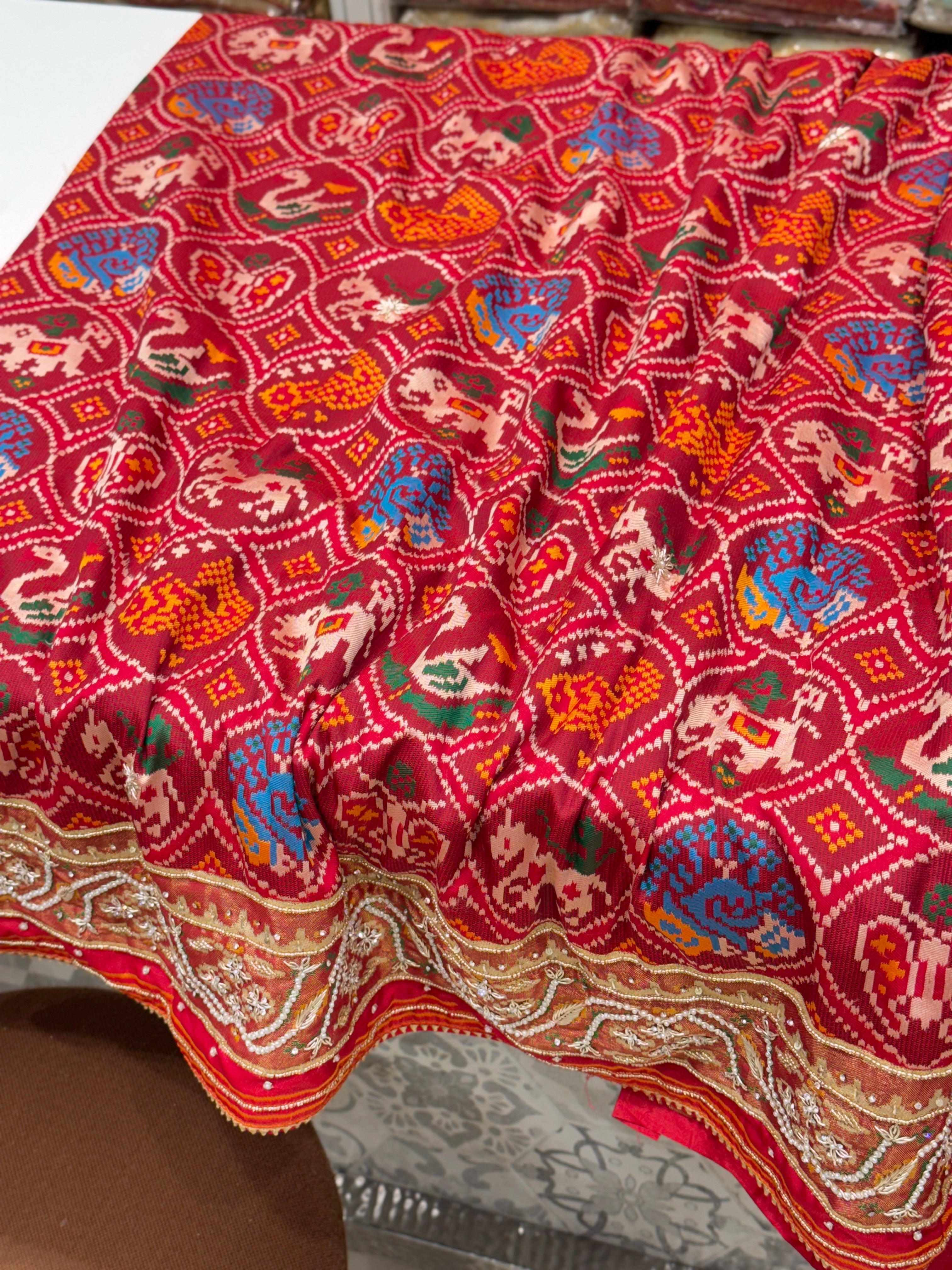 Maroon Patola Figures Zardosi Embroidery Saree