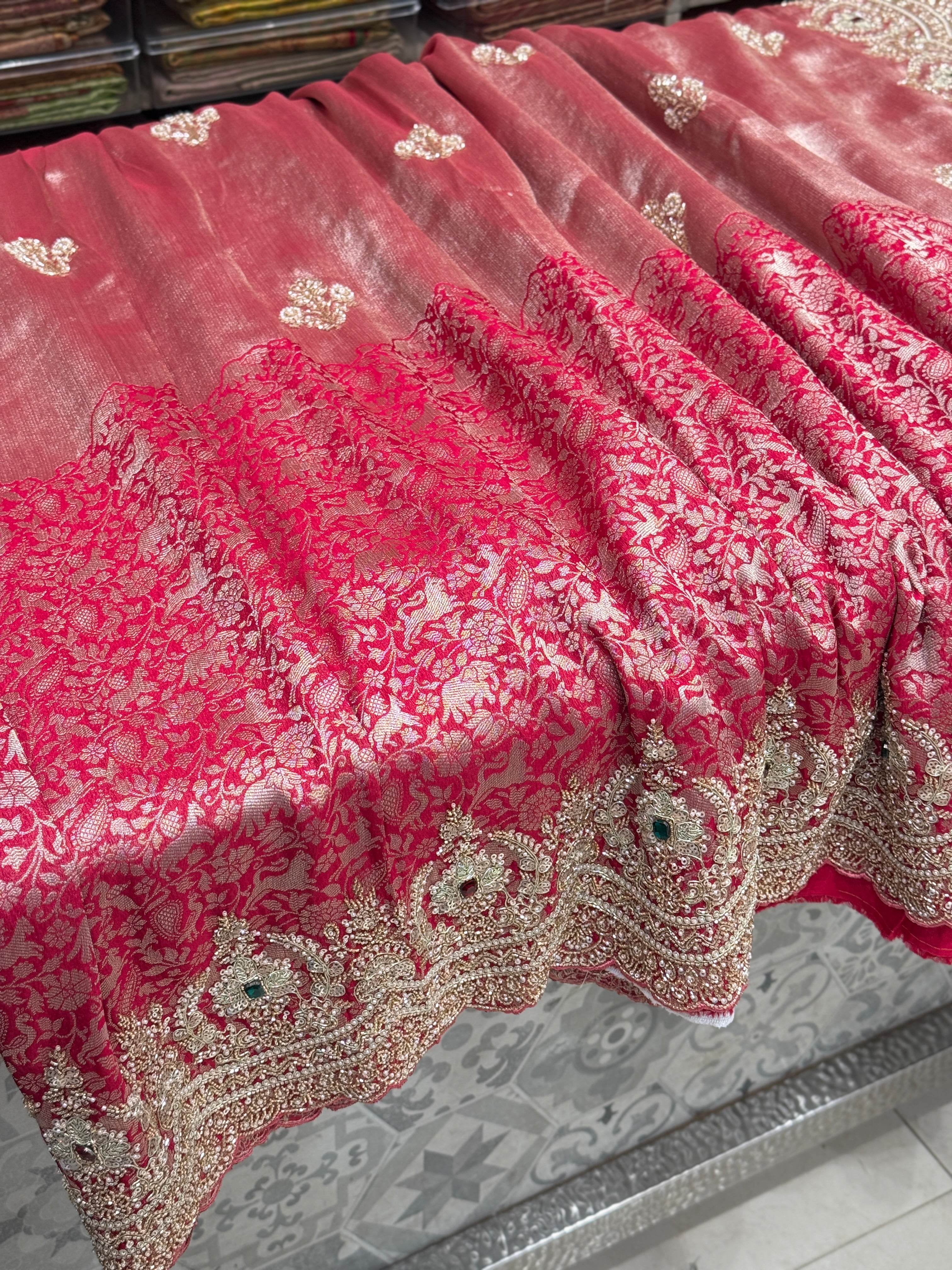 Red Shikara Munga Tissue Embroidery Saree