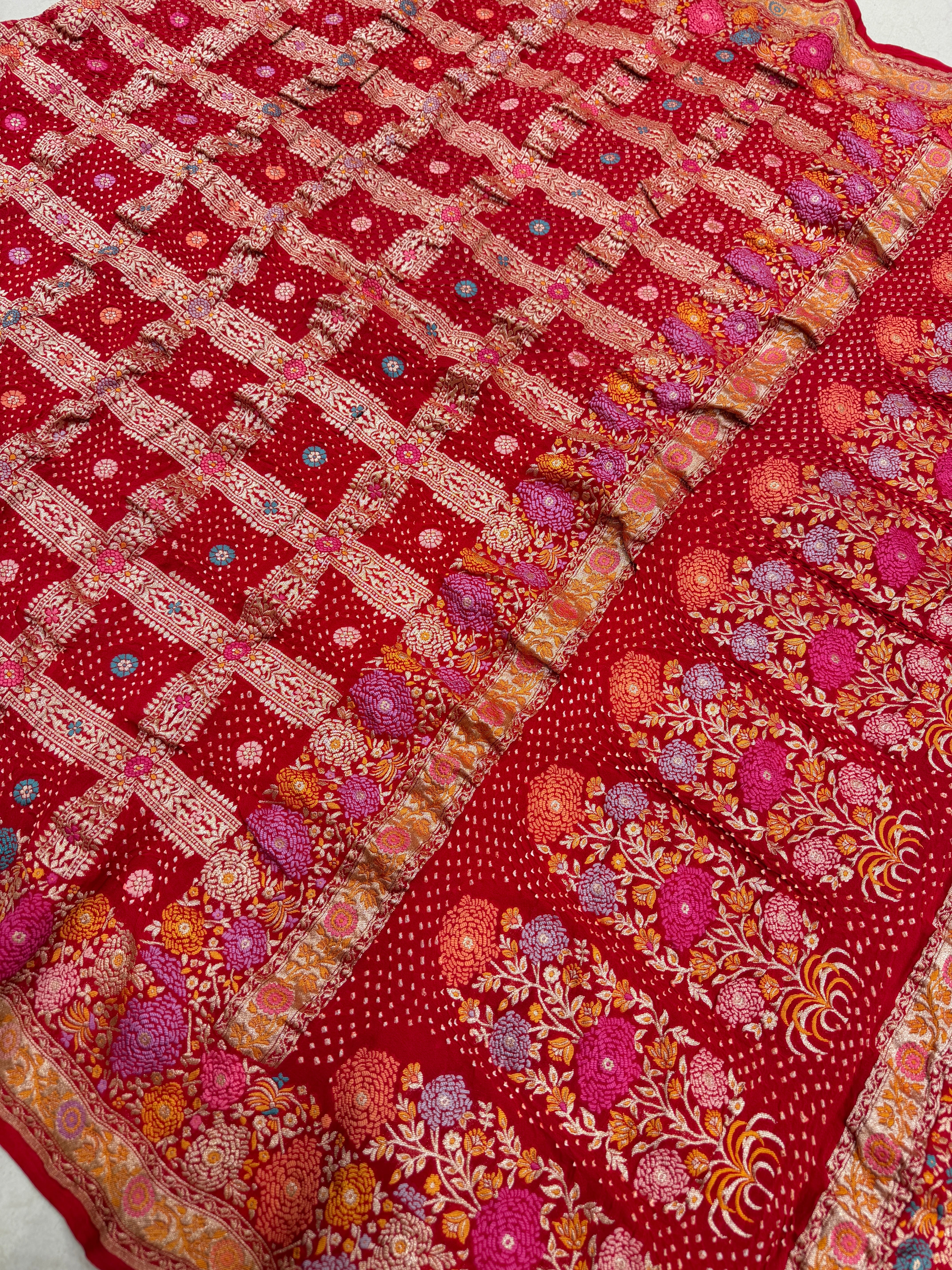 Red Meenakari Checkered Rai Bandhej Bandhini Saree