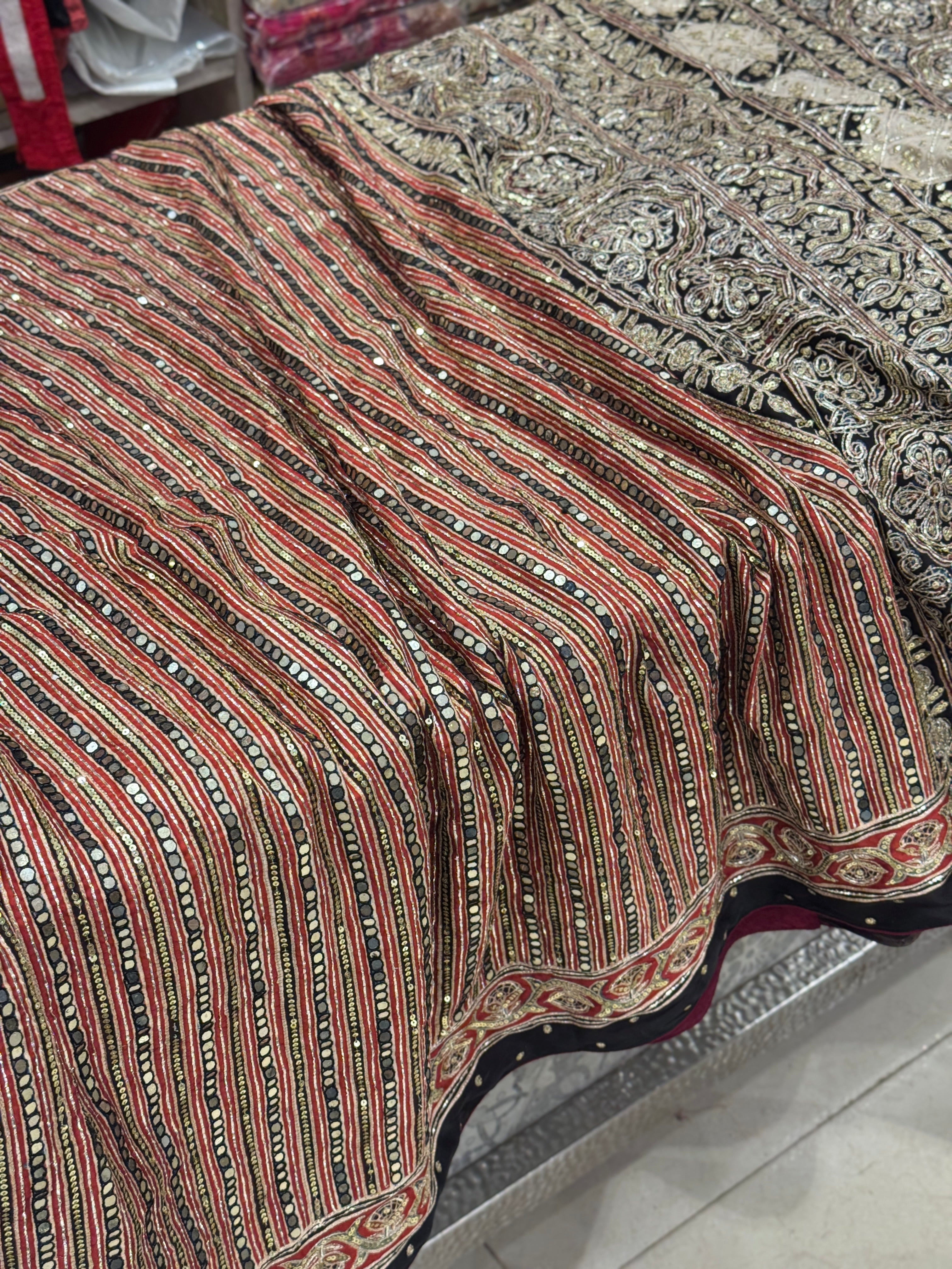 Red Contemporary Mirror Ajrakh Hand Embroidery Saree