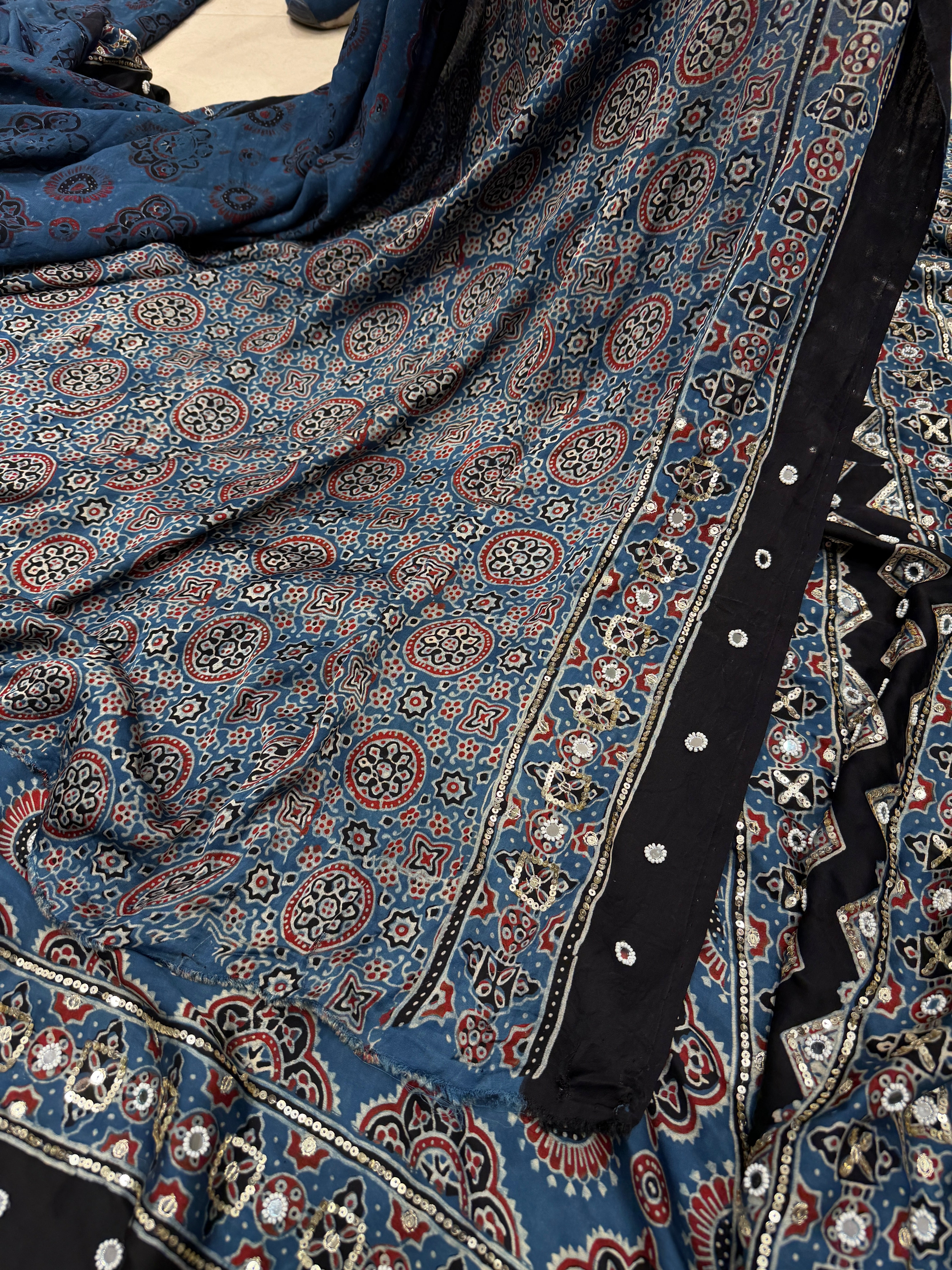 Blue Badam Ajrakh Butta Real Mirror Moti Sequin Hand Embroidery Saree