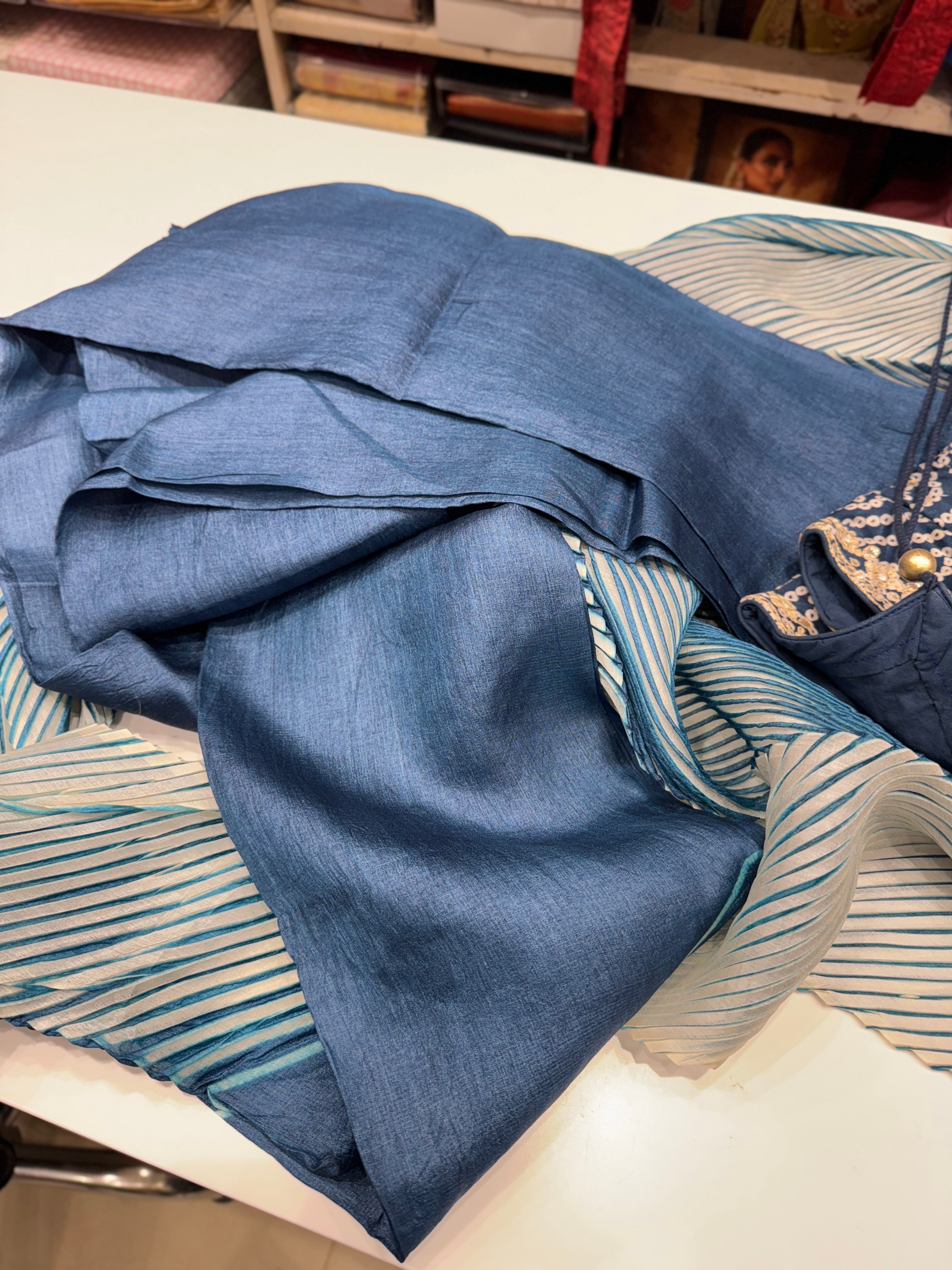 Blue Crushed Tussor with Ready Blouse Saree