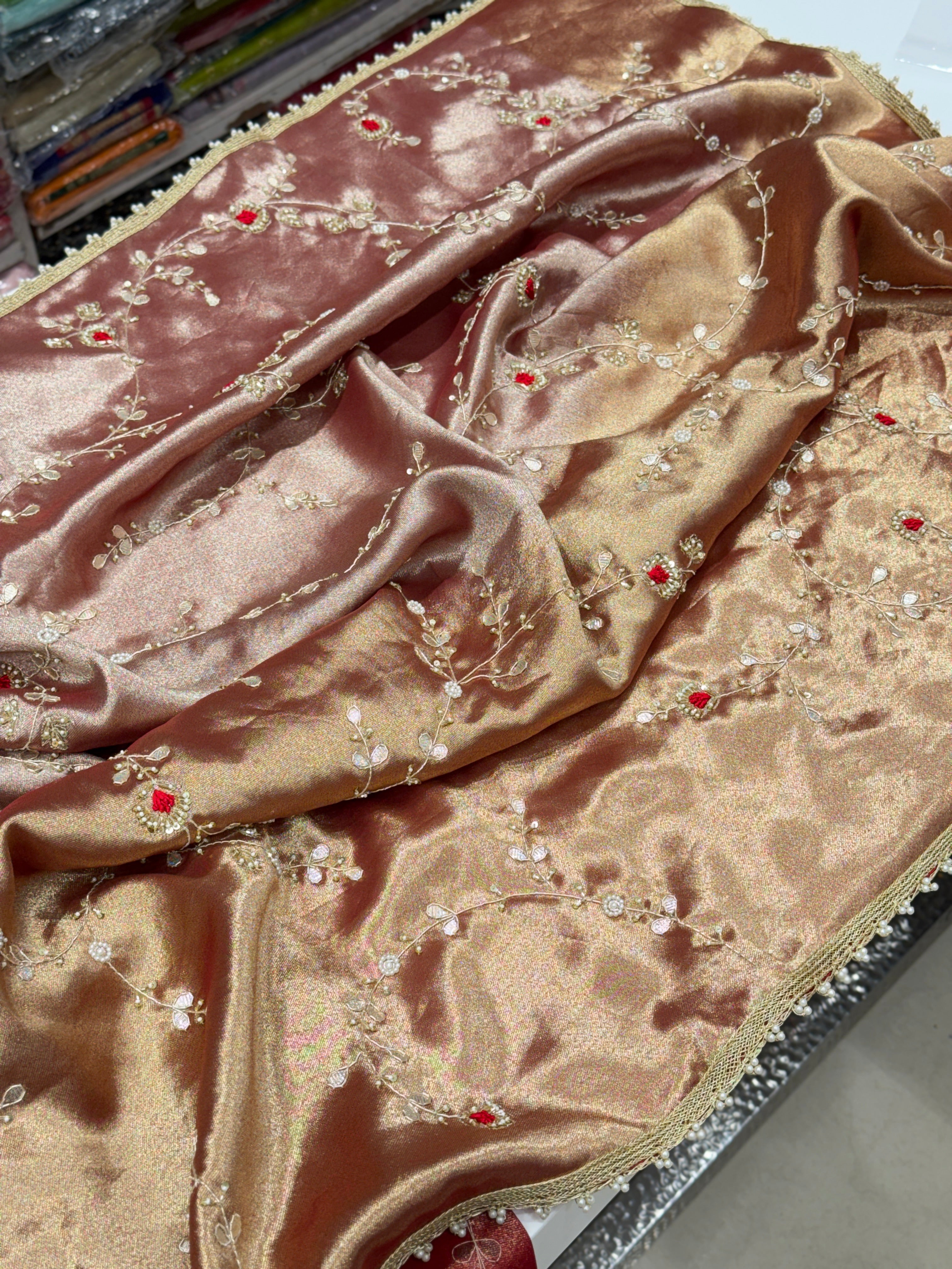 Red Tissue Zardosi Gota Resham Hand Embroidery Jaal Saree