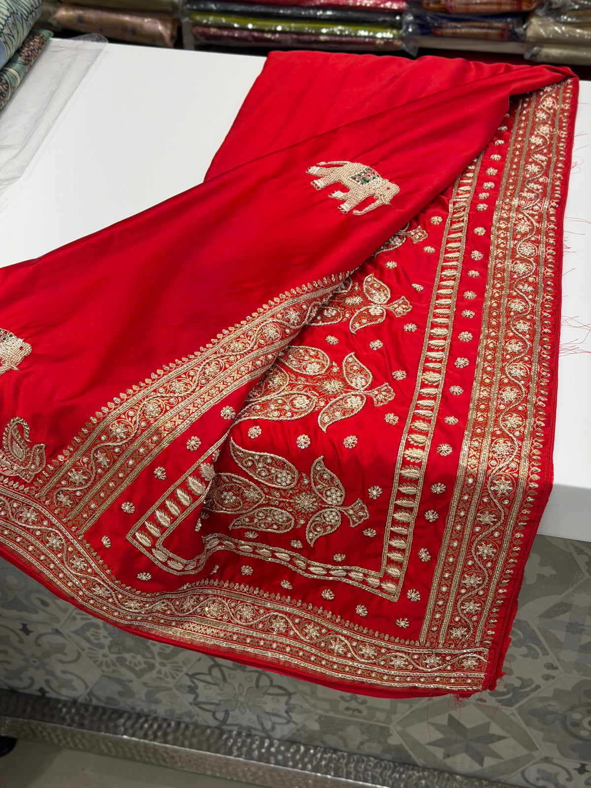 Red Banarasi Gajraj Motif Zardosi Hand Embroidery Saree