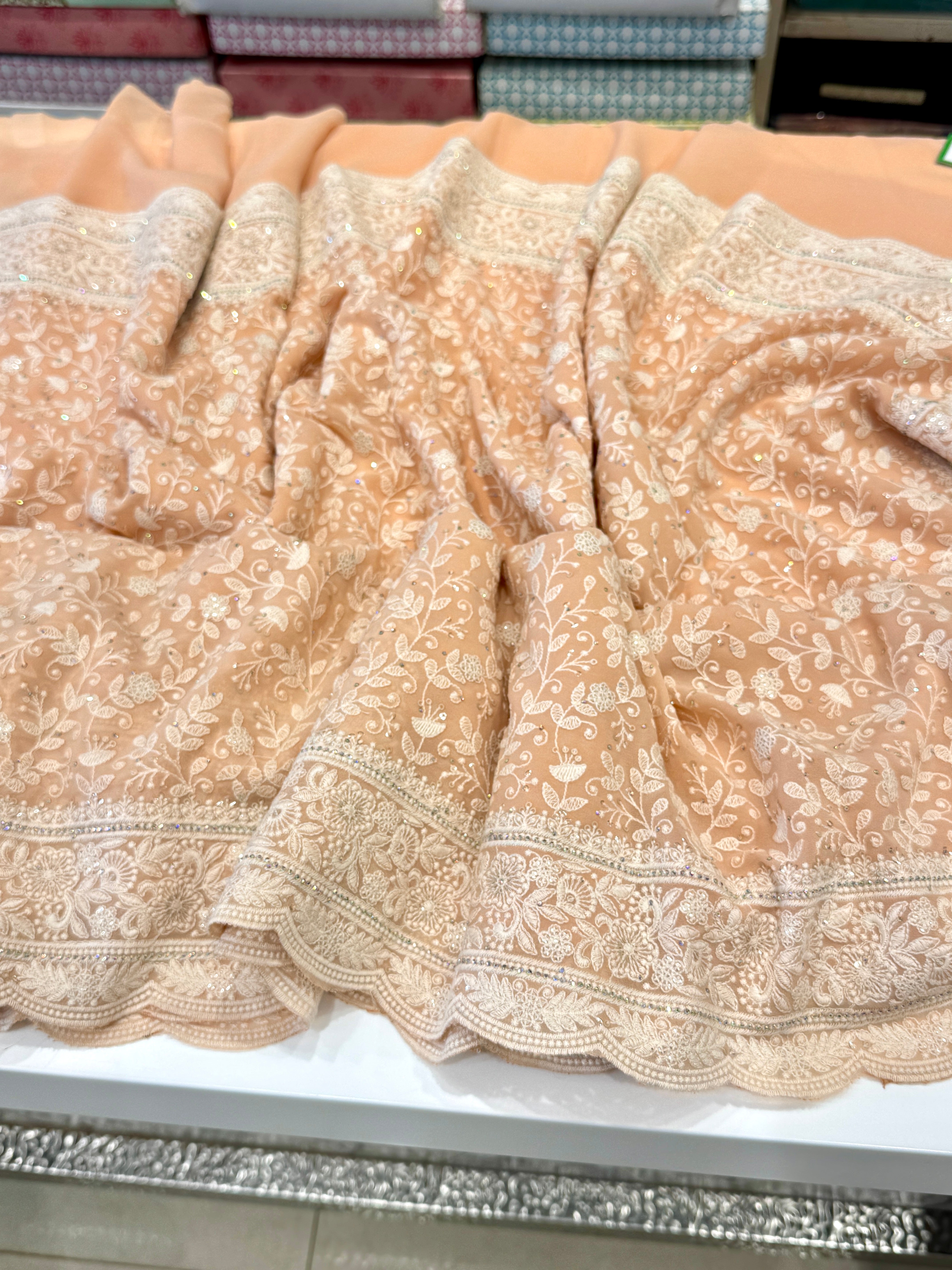 Peach Chikankari Scallop Design Saree
