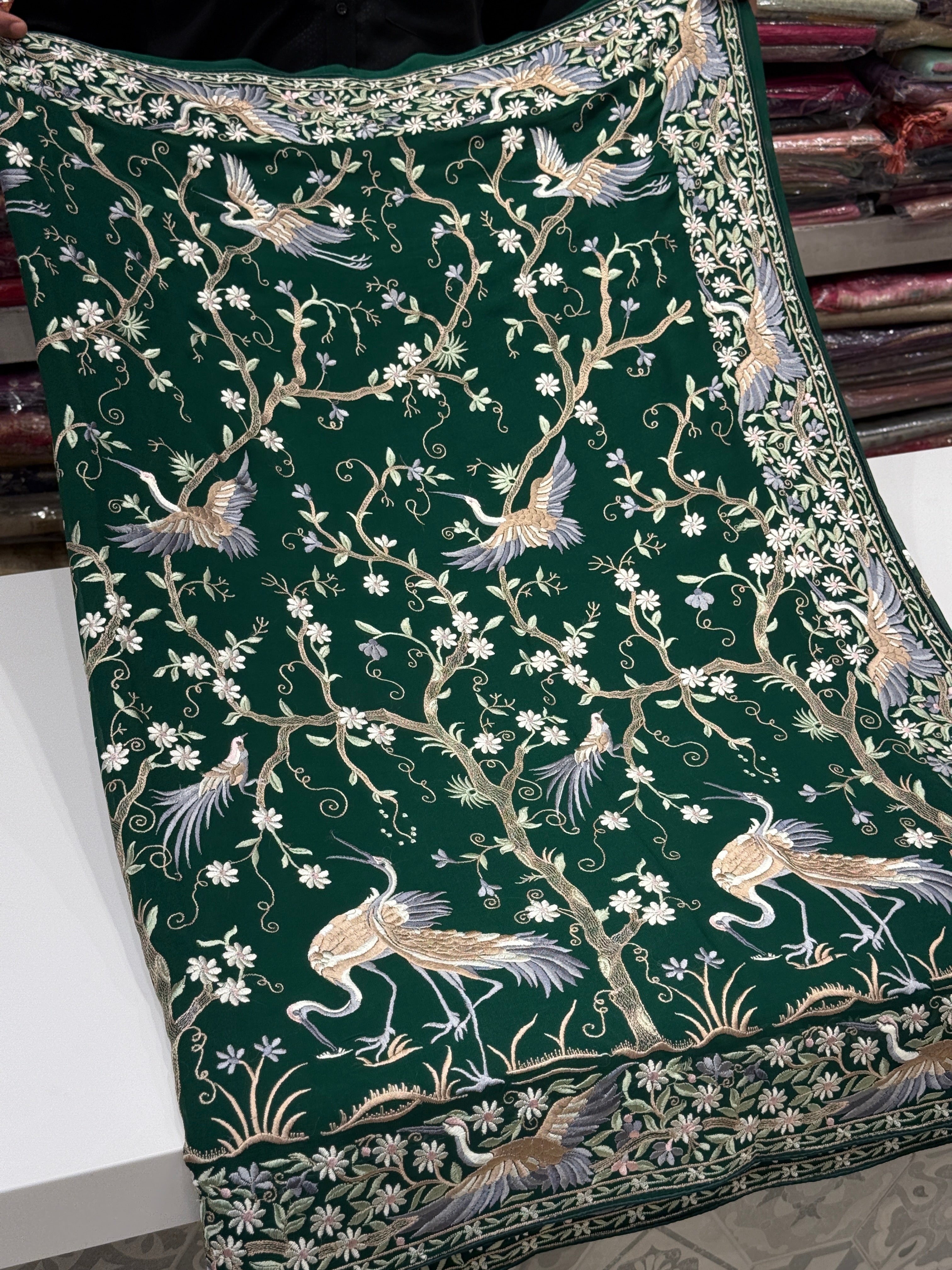 Bottle Green Tree Of Life Flamingo Parsi Gara Saree