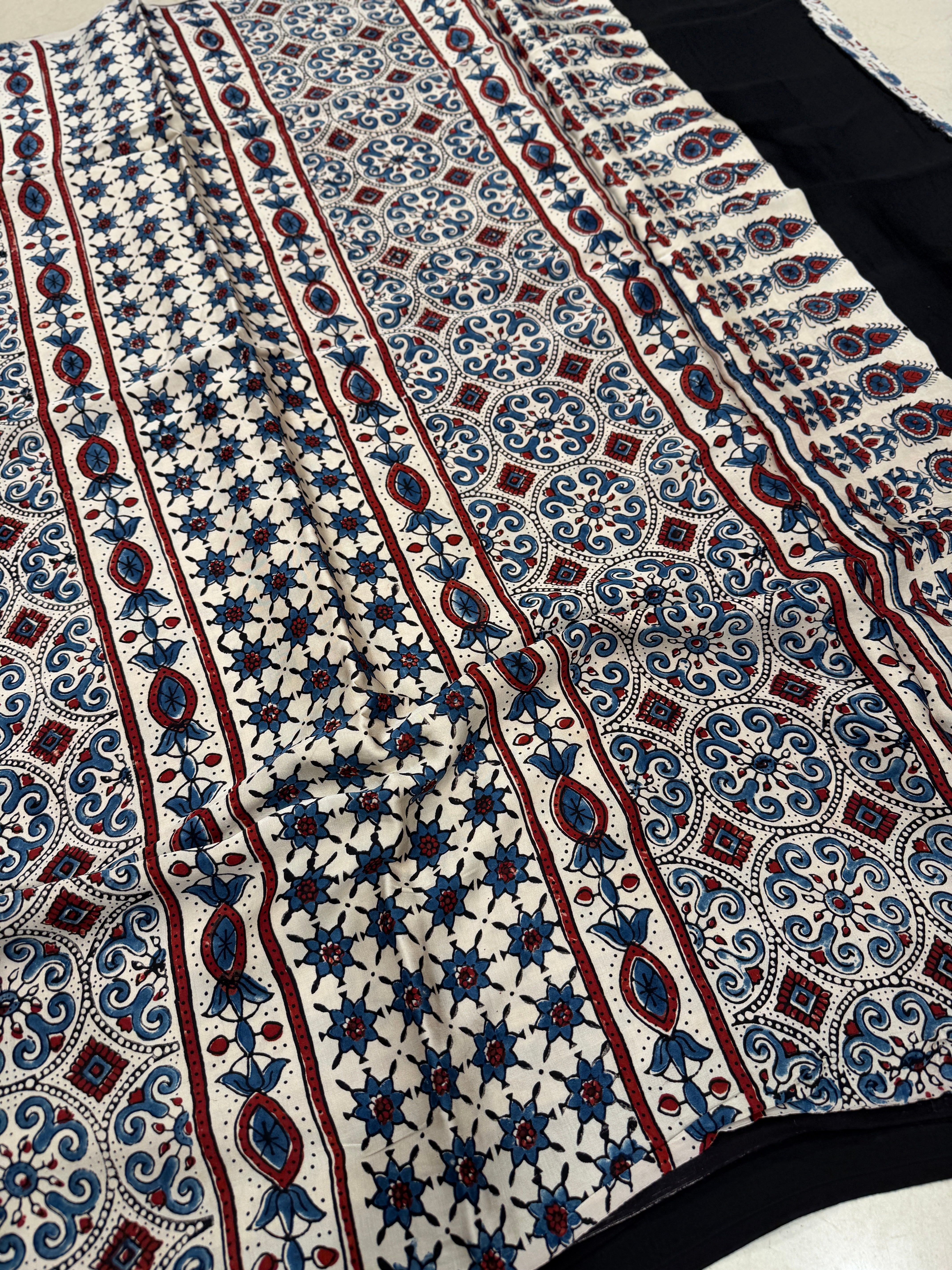 White Blue Flower Jaal Ajrakh Hand Block Print Pure Modal Silk Saree